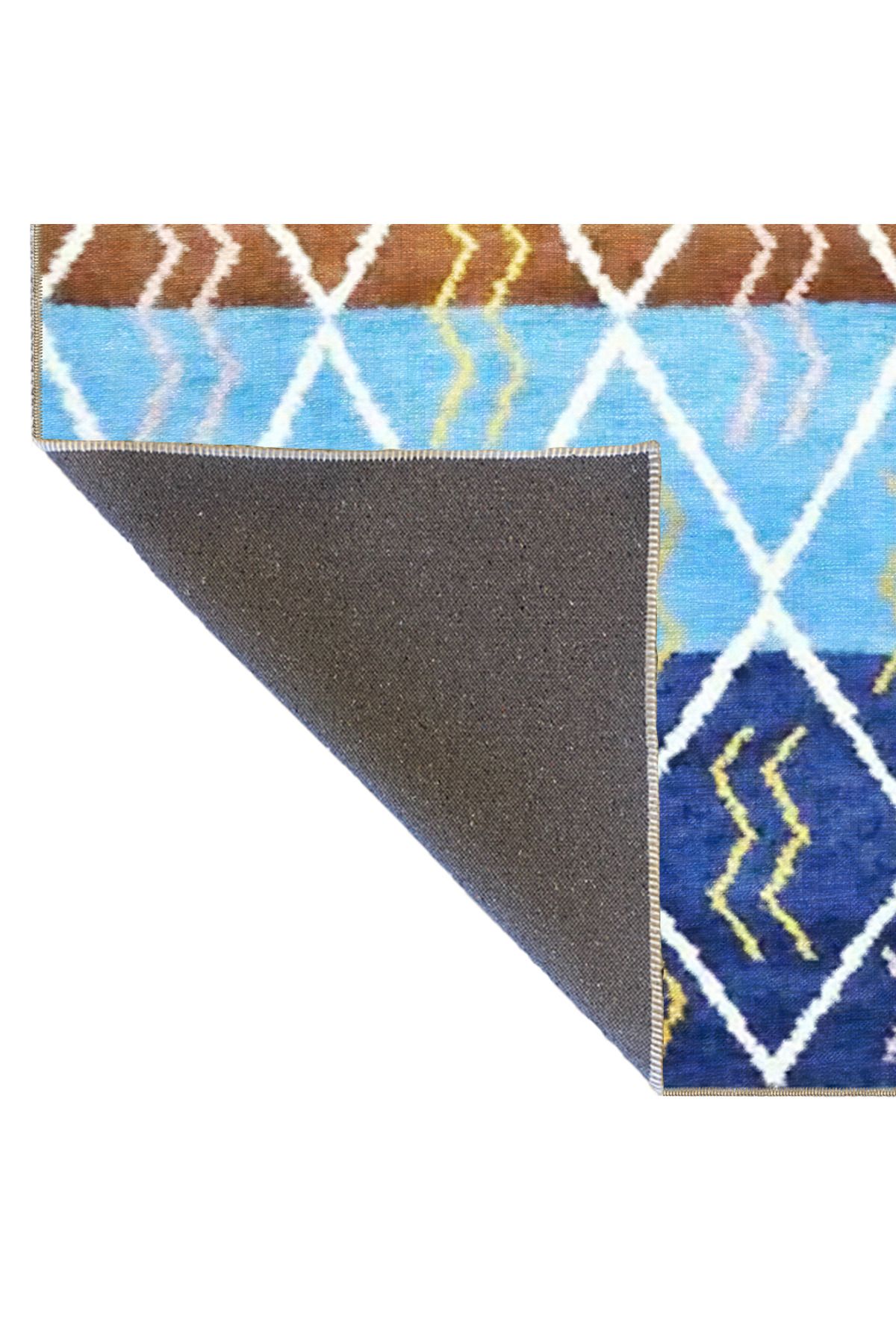 Mavi Kahverengi Temalı Geometrik Desenli Modern Dekoratif Halı 3518