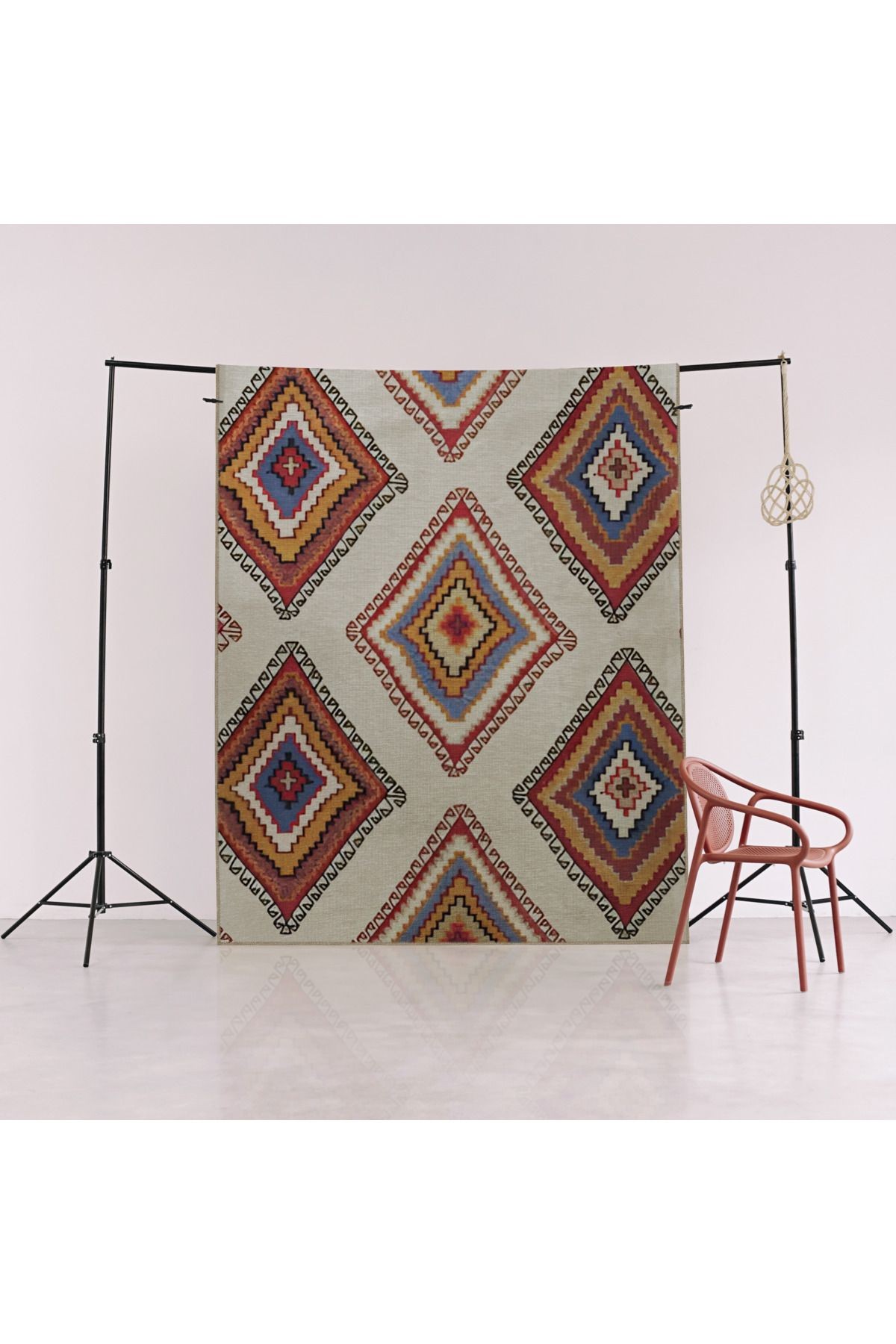 Bej Temalı Çok Renkli Etnik Geometrik Dörtgen Motif Desenli Modern Dekoratif Halı 2343