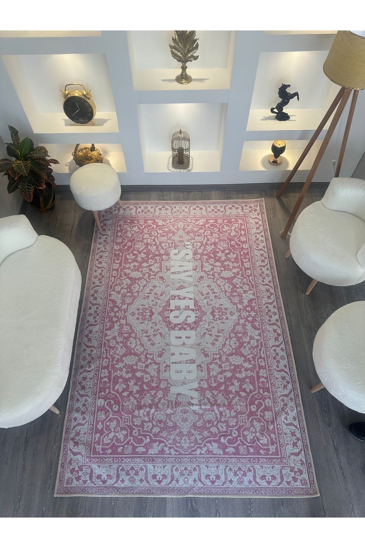 Opal Pembe Temalı Yazı Detaylı Desenli Dokuma Taban Modern Dekoratif Halı opal02