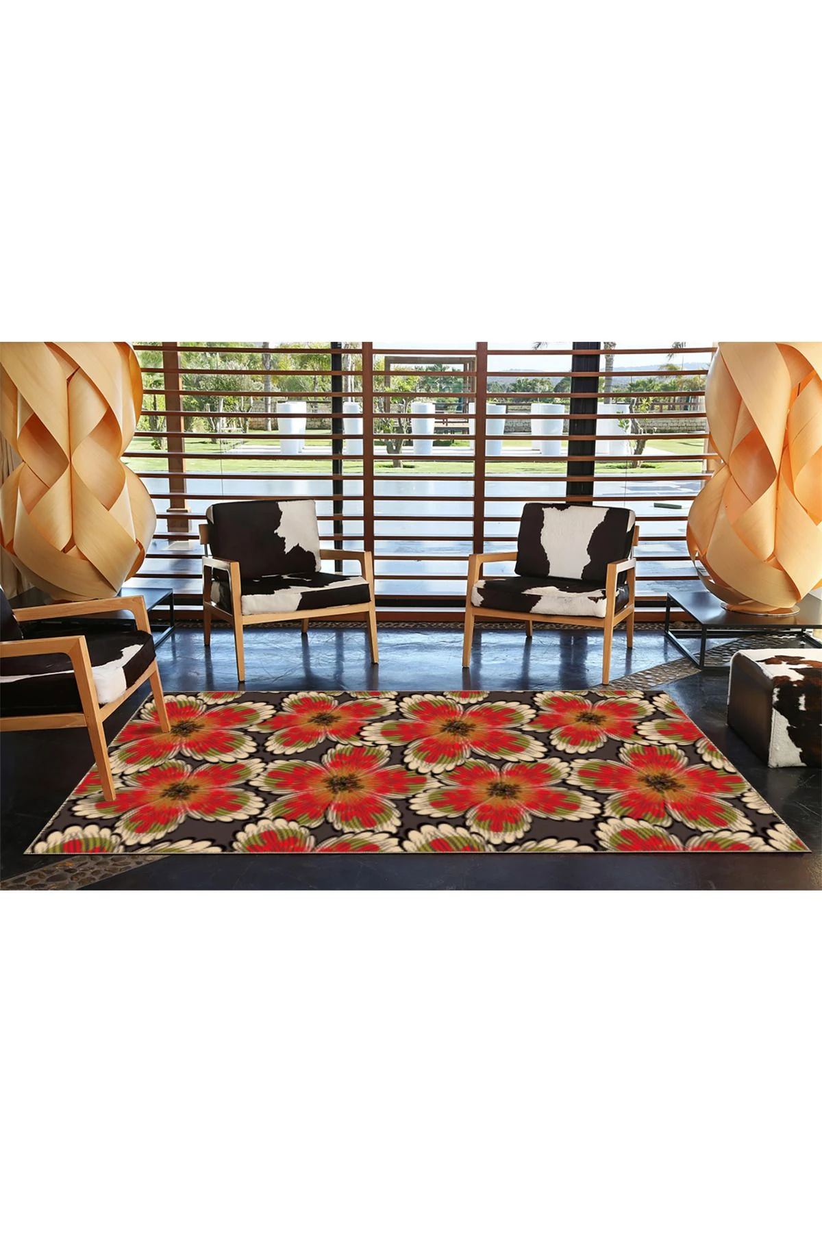 Kahverengi Kırmızı Temalı Floral Çiçek Desenli Kreatif Modern Dekoratif Halı 3601