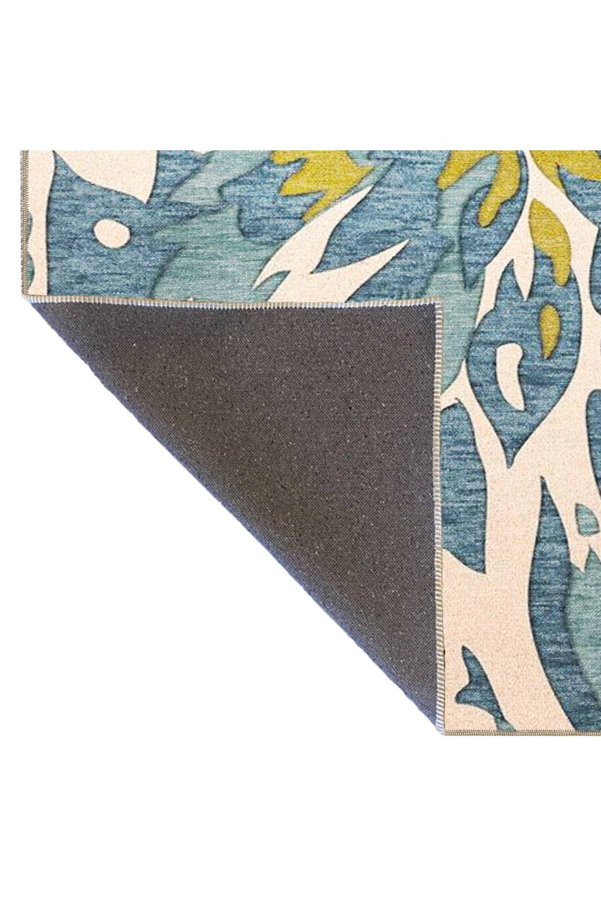 Floral Mavi Çiçek Desenli Dokuma Halı 4025