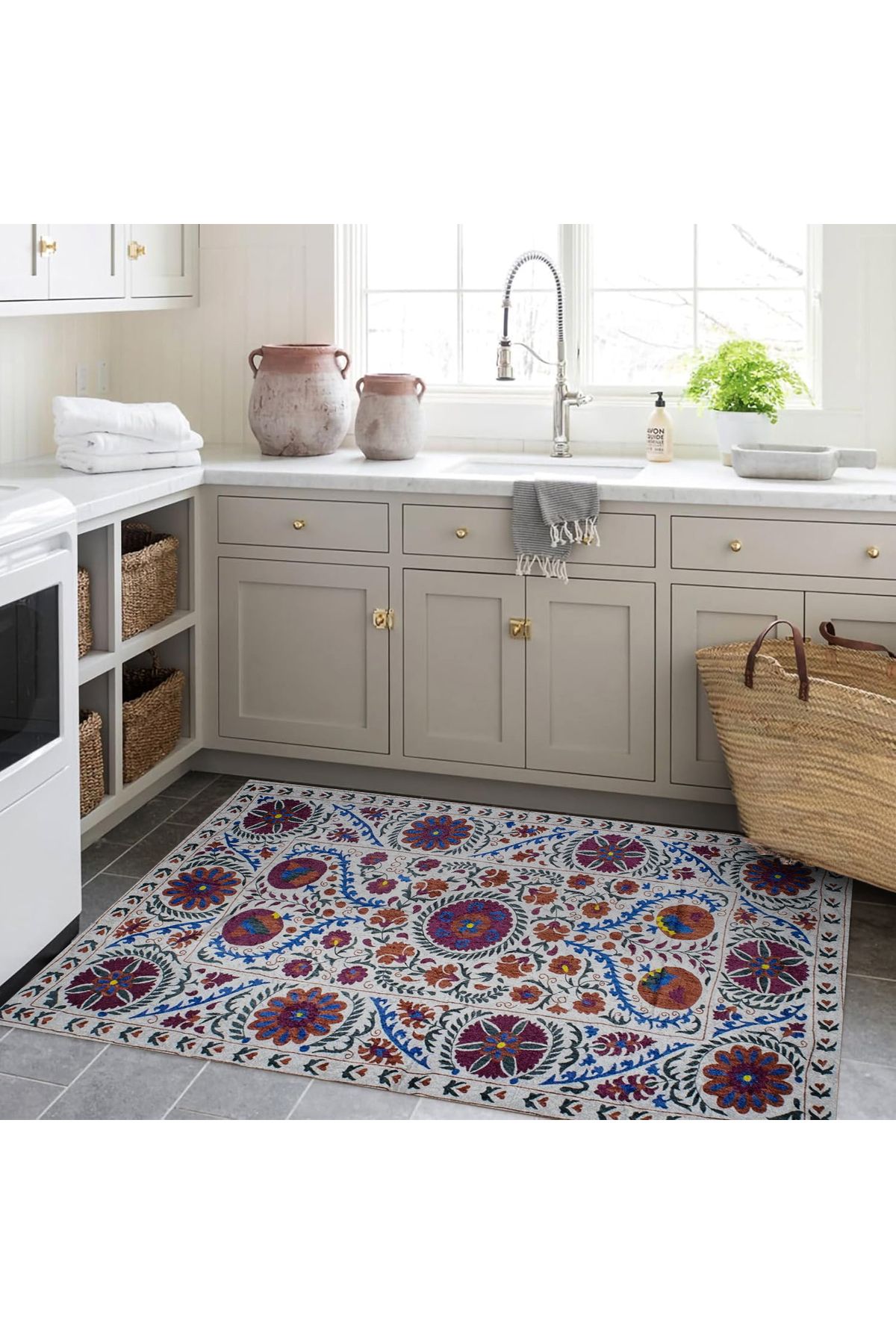 Mete Koleksiyonu Çok Renkli Karma Şekiller ve Çiçek Motifleri Desenli Vintage Dekoratif Halı 29