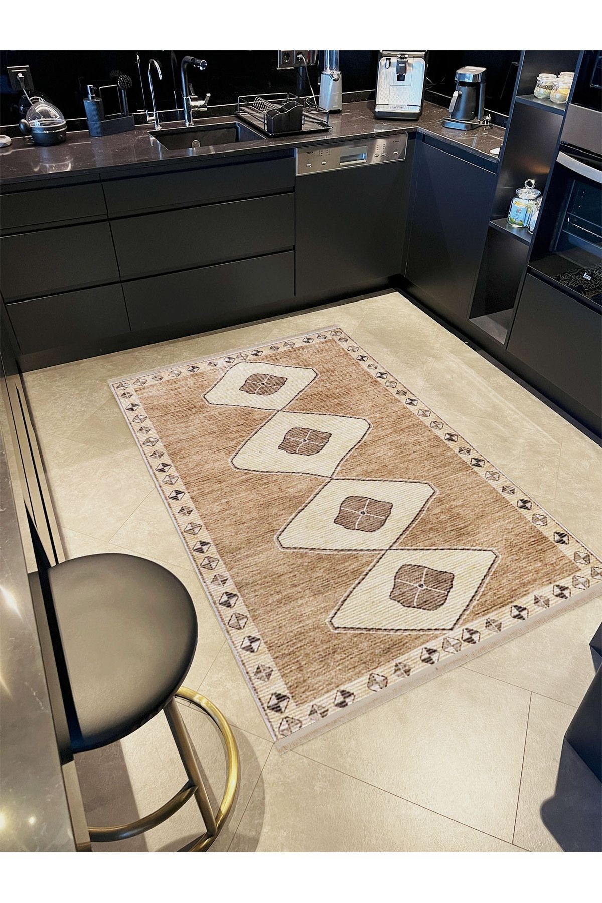 Alya Koleksiyonu Bej Kahve Desenli Dokuma Taban Modern Dekoratif Halı alya38