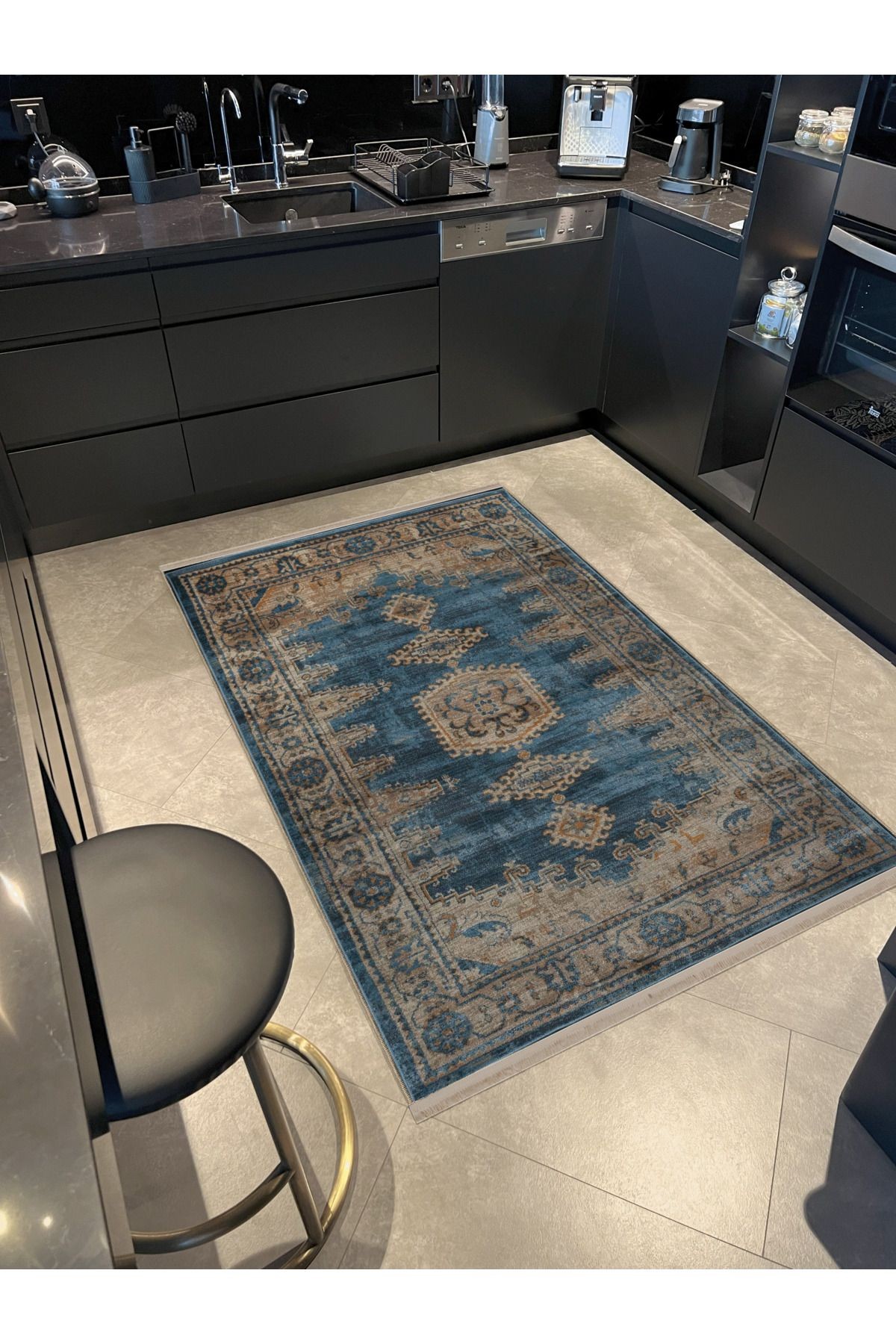 Mavi Sarı Temalı Geleneksel Motif Desenli Kreatif Vintage Dekoratif Halı 2844