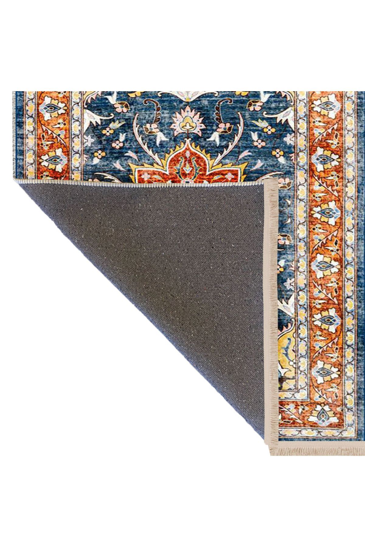 Alya Koleksiyonu Eskitme Görünümlü Mavi Turuncu Etnik Desenli Dokuma Taban Dekoratif Halı alya42