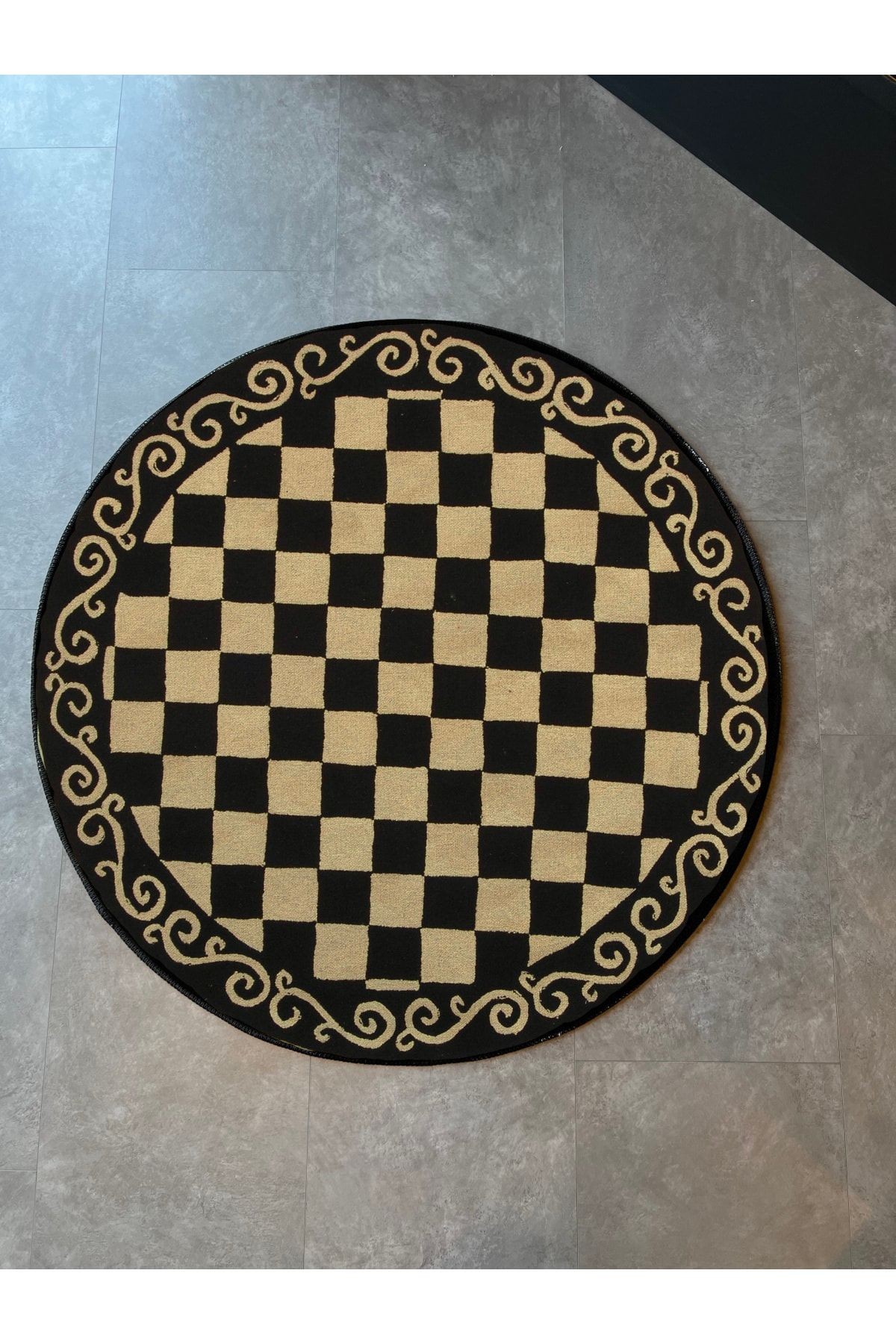 Mira 1119 Yuvarlak Dama Desenli Siyah Bej Dokuma Taban Halı