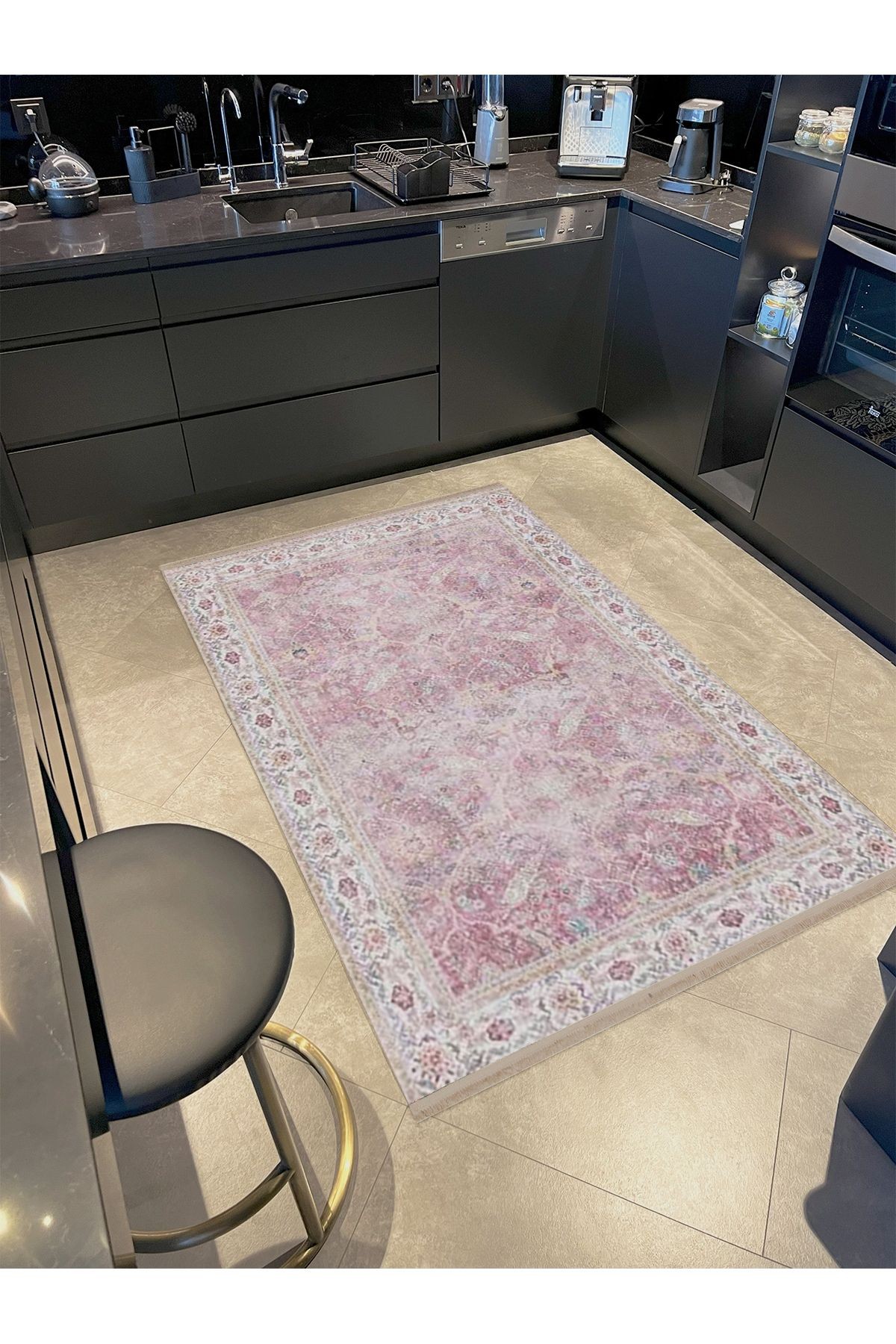 Kemal Koleksiyonu Pembe Temalı Floral ve Etnik Desenli Dokuma Taban Vintage Dekoratif Halı 03