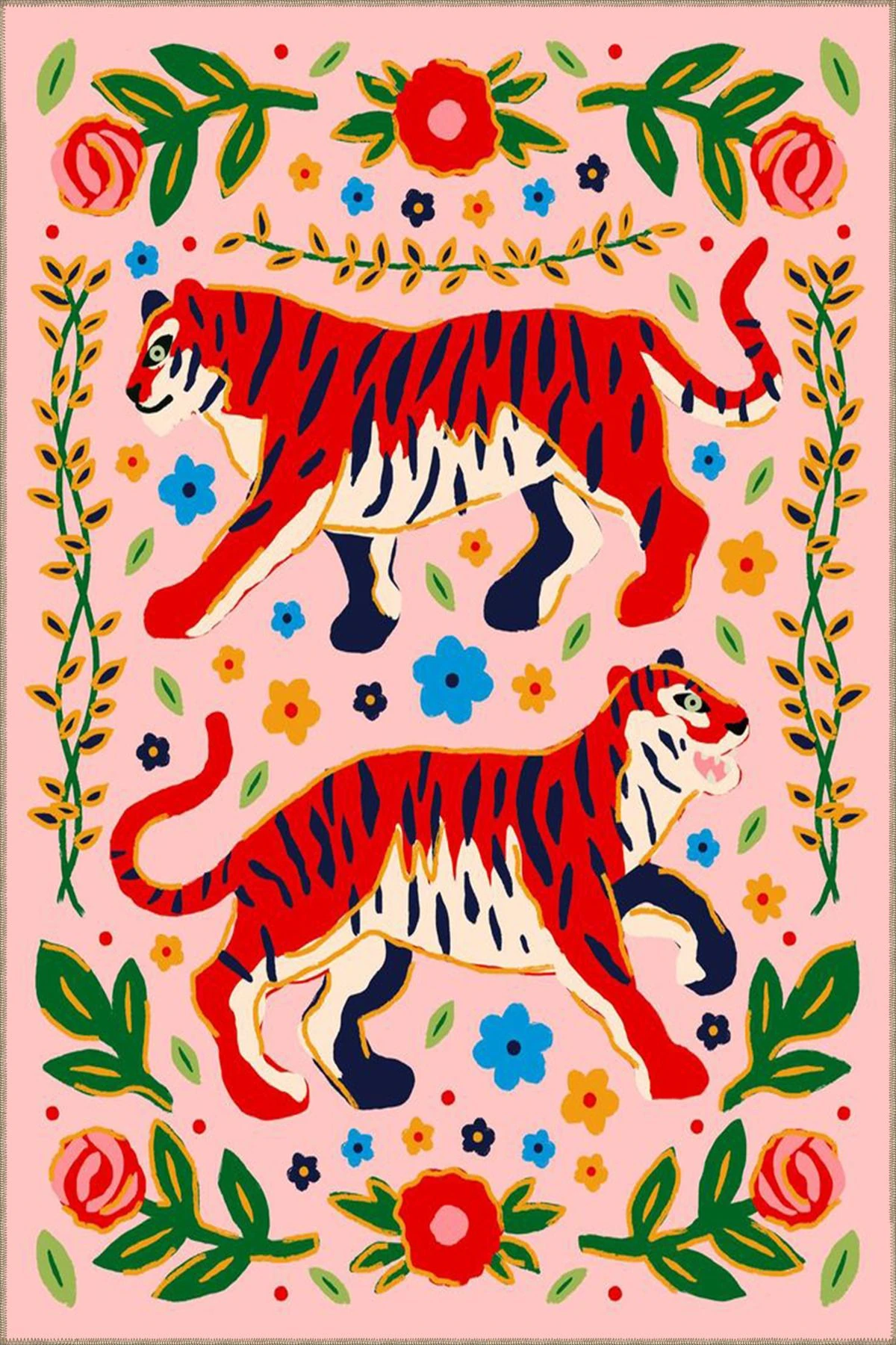 Kırmızı Kaplan ve Çiçek Desenli Halı 3751