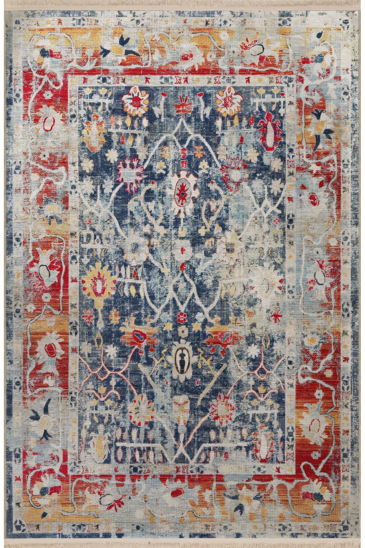 Kırmızı Mavi Temalı Soyut Geleneksel Motif Etnik Çiçek Desenli Vintage Dekoratif Halı 2388