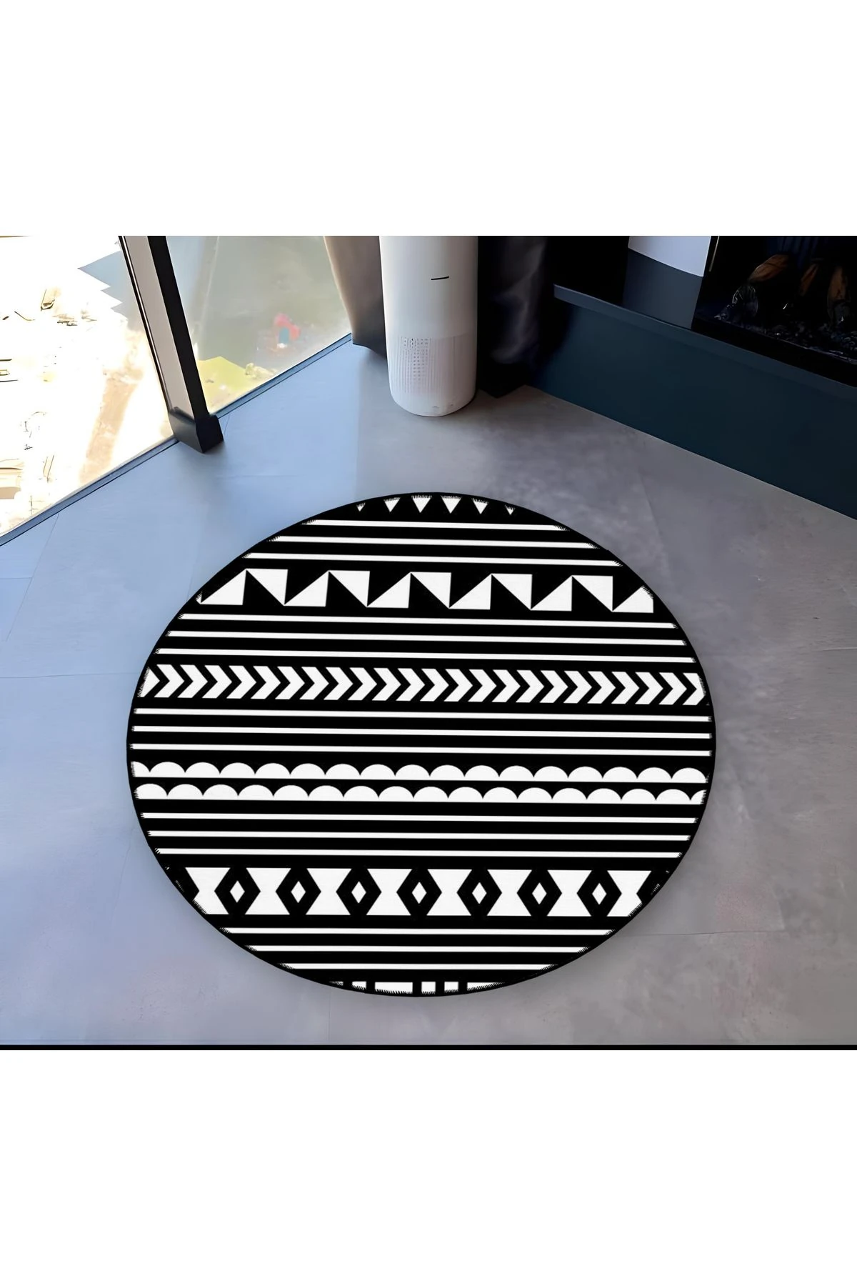 Mira Yuvarlak Siyah Beyaz Şekiller Detaylı Dokuma Taban Modern Dekoratif Halı 5623