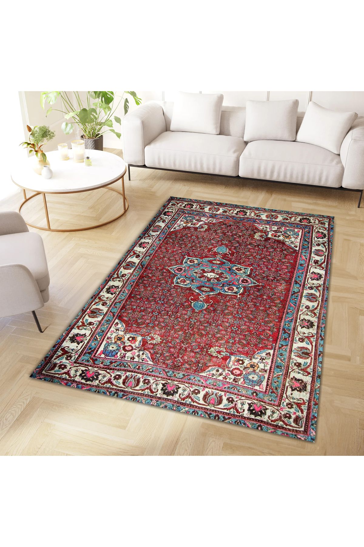 Asena Koleksiyonu Çok Renkli Yıldız Figürlü Geleneksel Desenli Vintage Dekoratif Halı 14