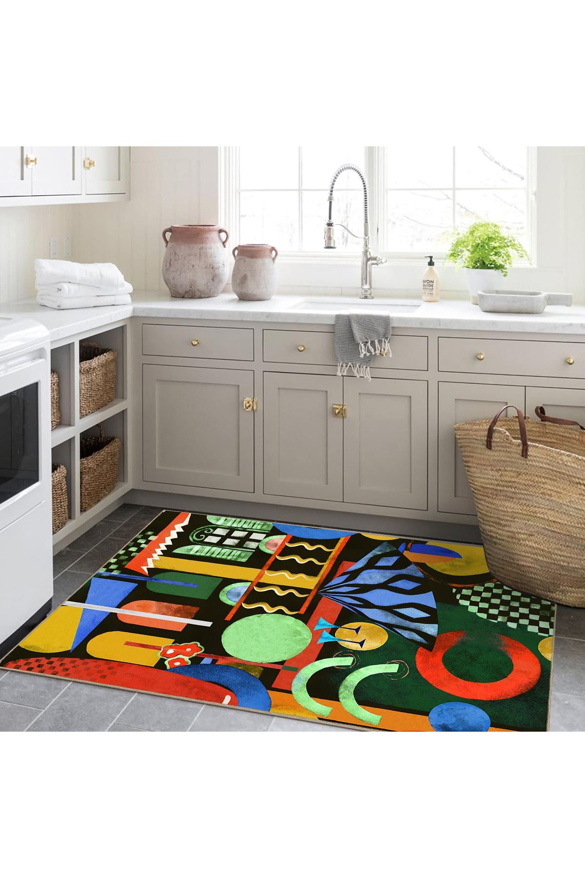 Emre Koleksiyonu Çok Renkli Karma Geometrik Şekiller Desenli Dokuma Taban Modern Dekoratif Halı 46