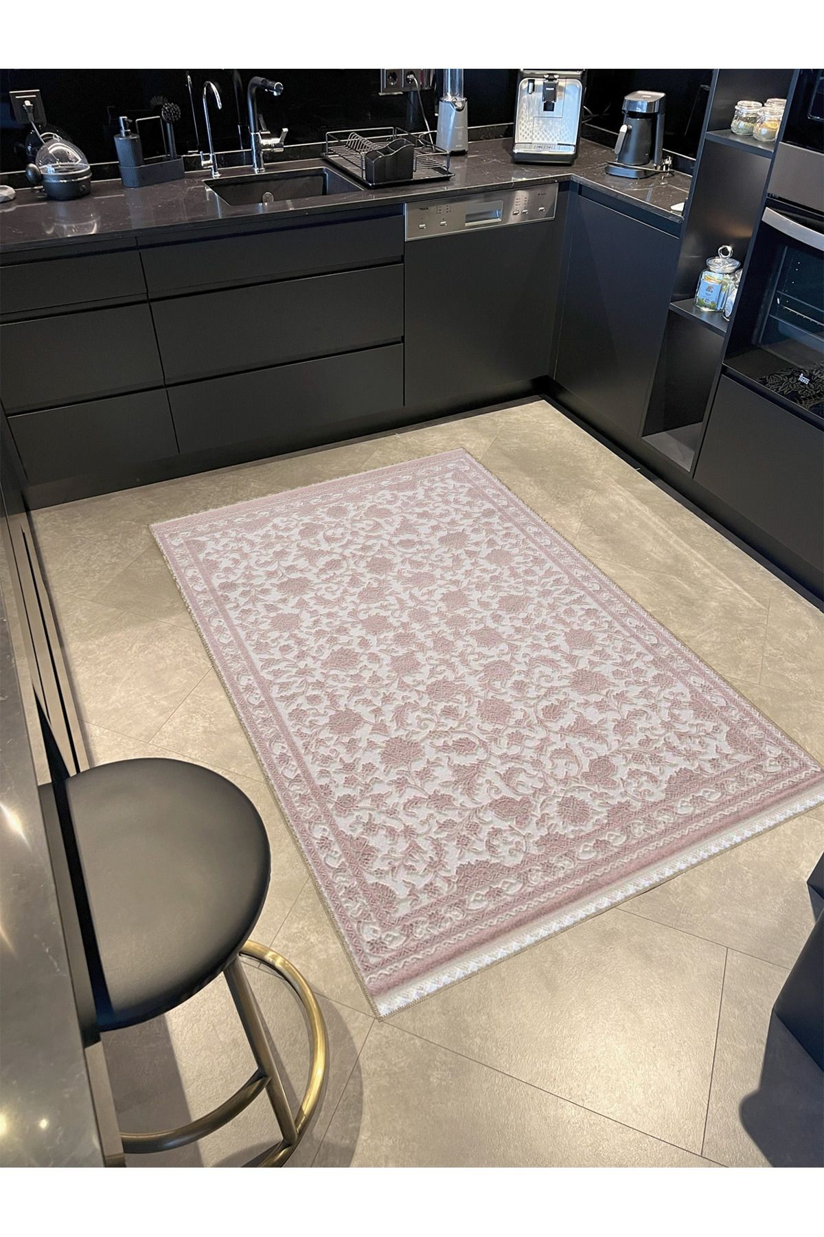 Pudra Pembe Temalı Motifli Floral Çiçek Desenli Vintage Dekoratif Halı 4878