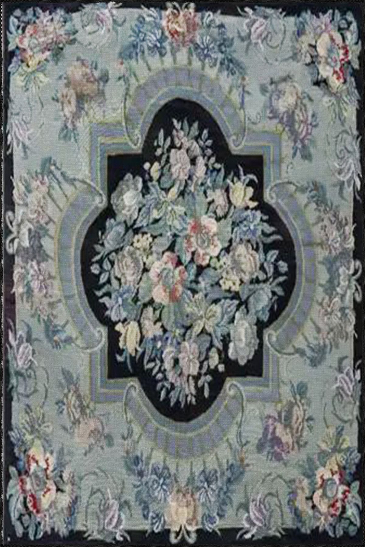 Antrasit Renklerde Çiçekli Desenli Dekoratif Halı miravip560