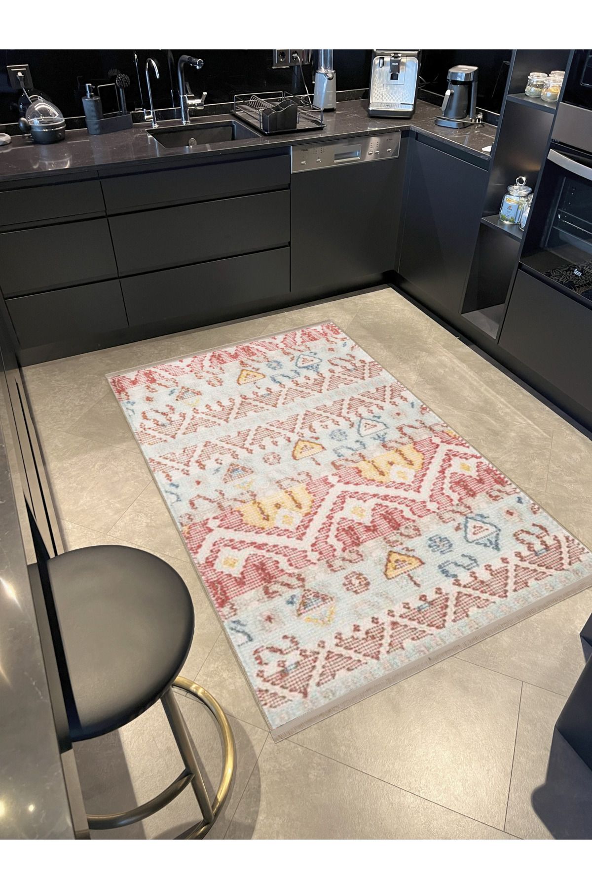 Pembe Bej Temalı Motifli Etnik Desenli Saçaklı Vintage Dekoratif Halı 3178