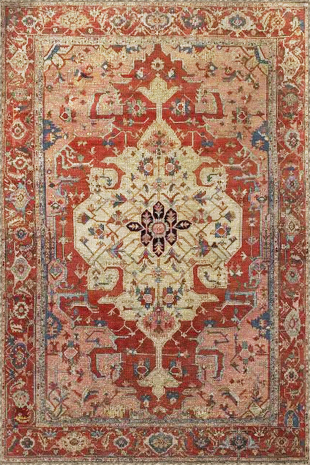 Turuncu Bej Temalı Geleneksel Motif Etnik Desenli Vintage Dekoratif Halı 3490