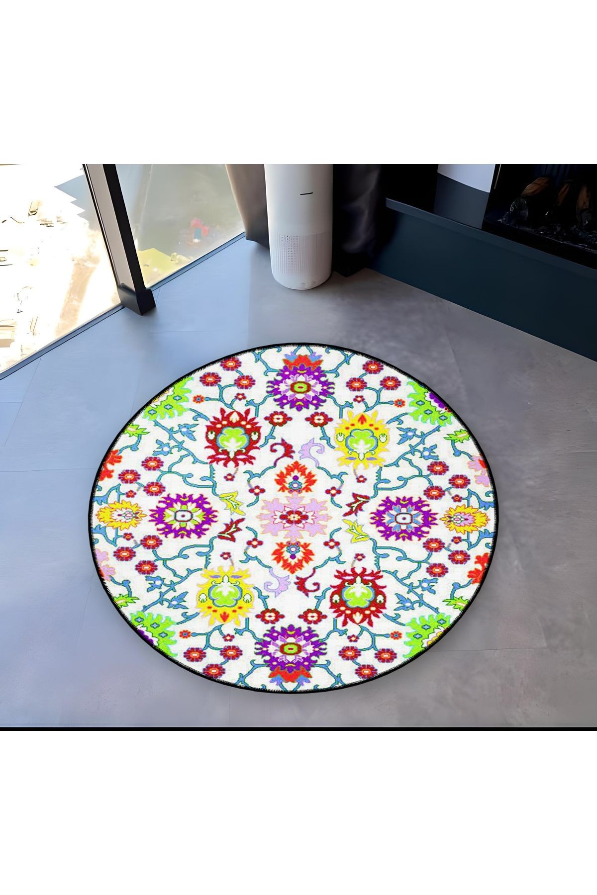 Çok Renkli Çiçekli Motif Desenli Yuvarlak Dokuma Taban Vintage Dekoratif Halı 6120