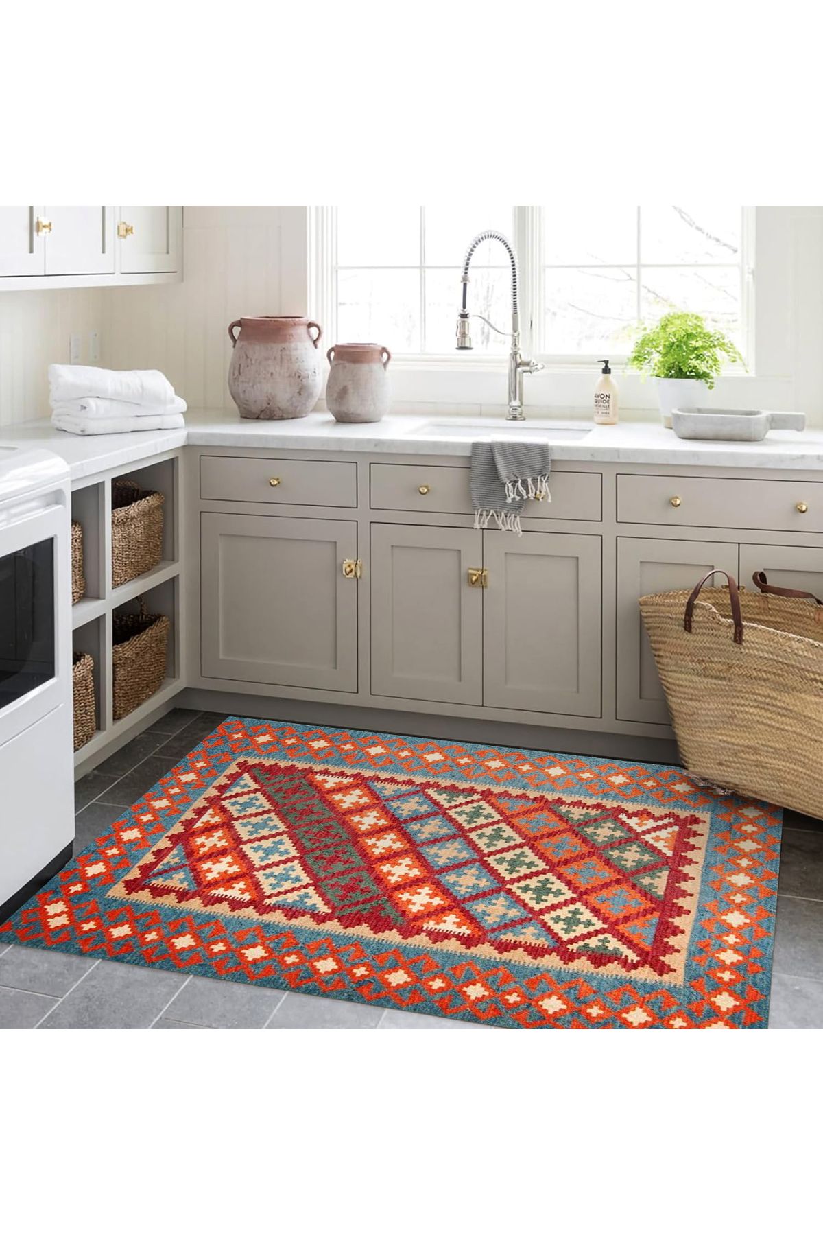 Aysu Koleksiyonu Turuncu Detaylı Etnik Desenli Dokuma Taban Modern Dekoratif Halı aysu19