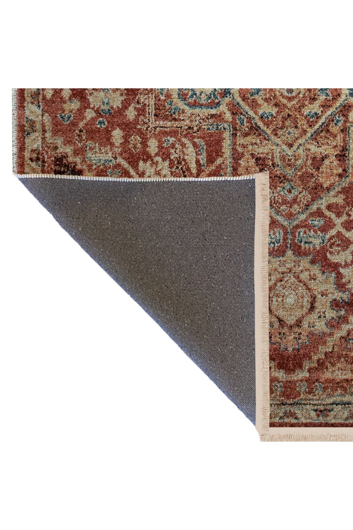 Koyu Turuncu Temalı Çok Renkli Geleneksel Motif Desenli Vintage Dekoratif Halı 3026