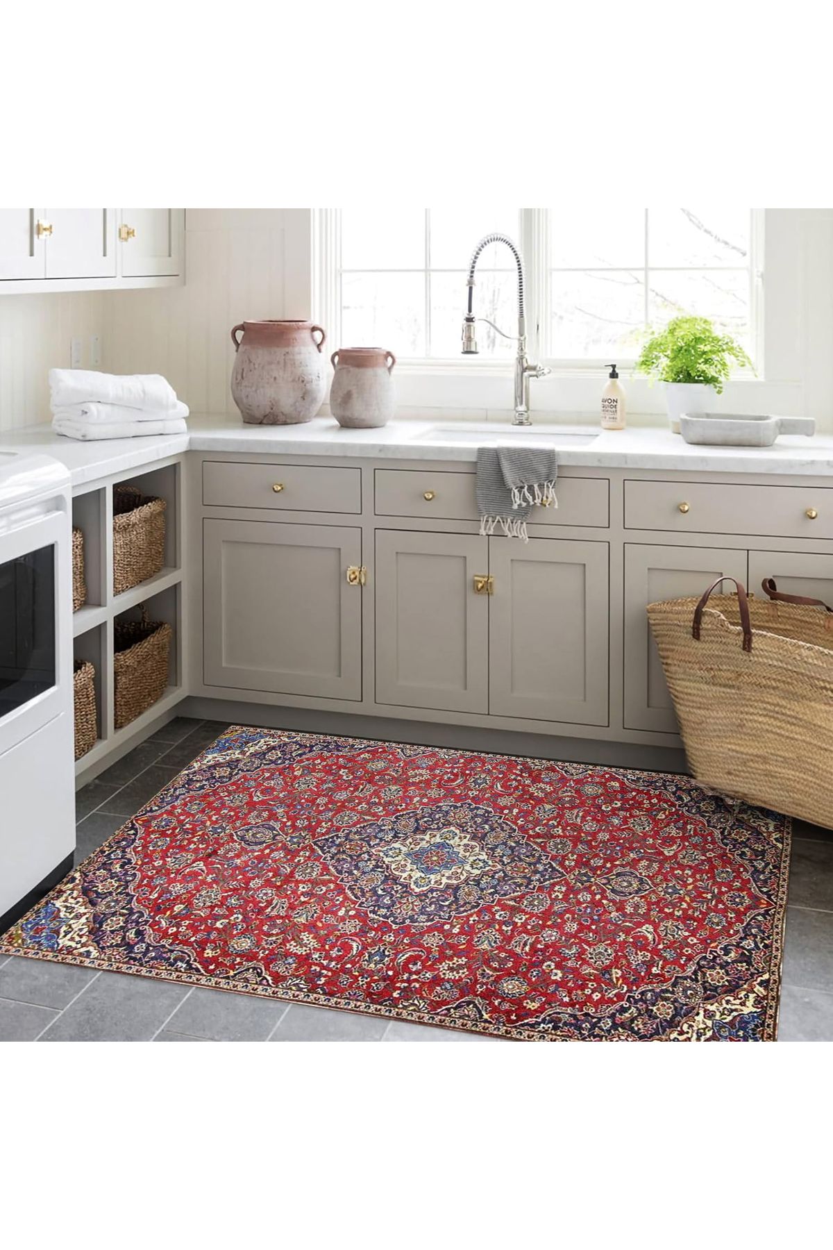 Kırmızı Lacivert Etnik Desenli Dokuma Taban Dekoratif Halı