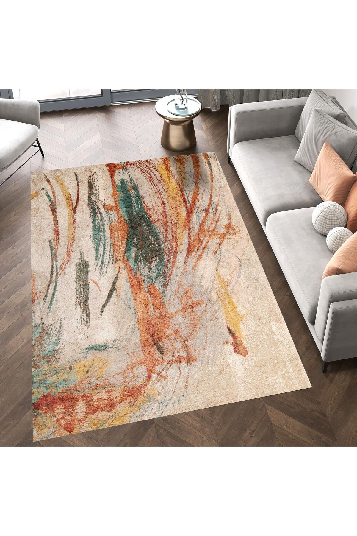 Aysu Koleksiyonu Yeşil Turuncu Detaylı Soyut Desenli Dokuma Taban Modern Dekoratif Halı aysu05