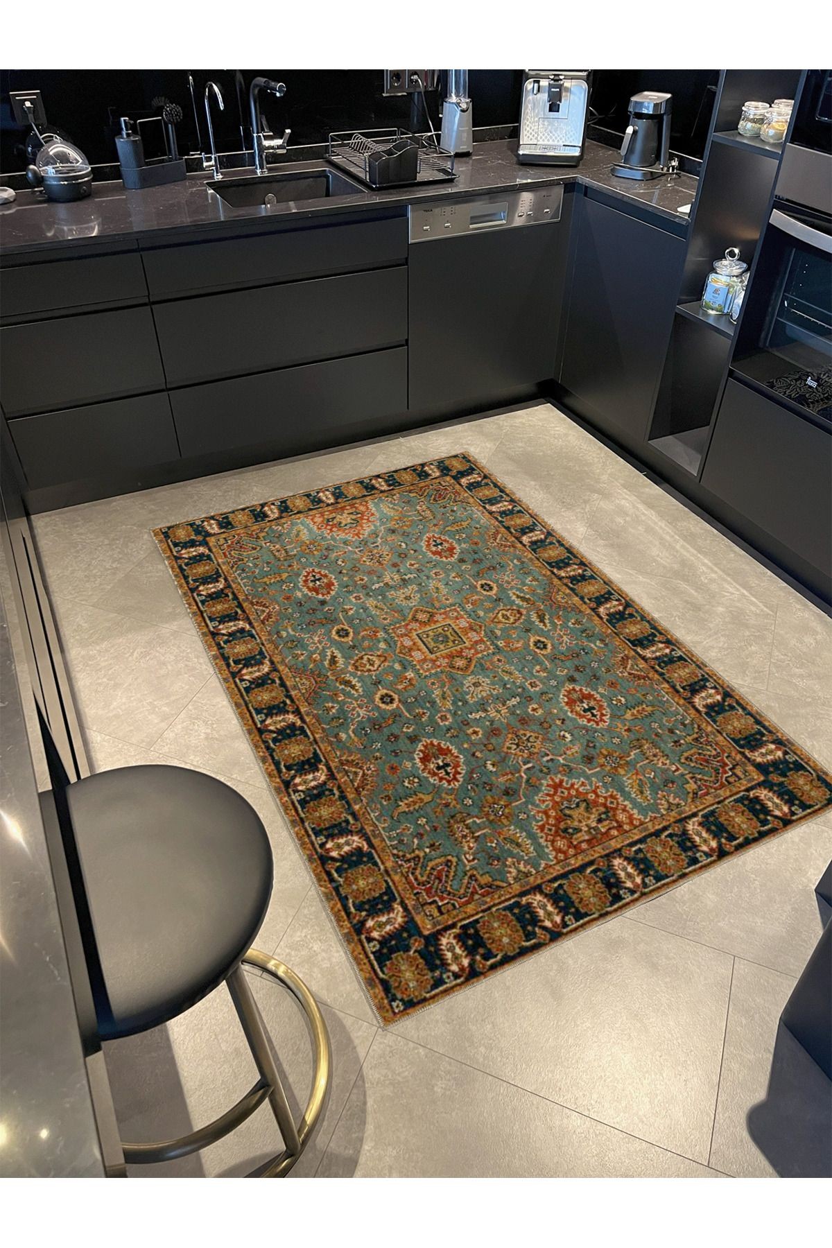 Açık Mavi Temalı Geleneksel Motif Etnik Desenli Vintage Dekoratif Halı 4574