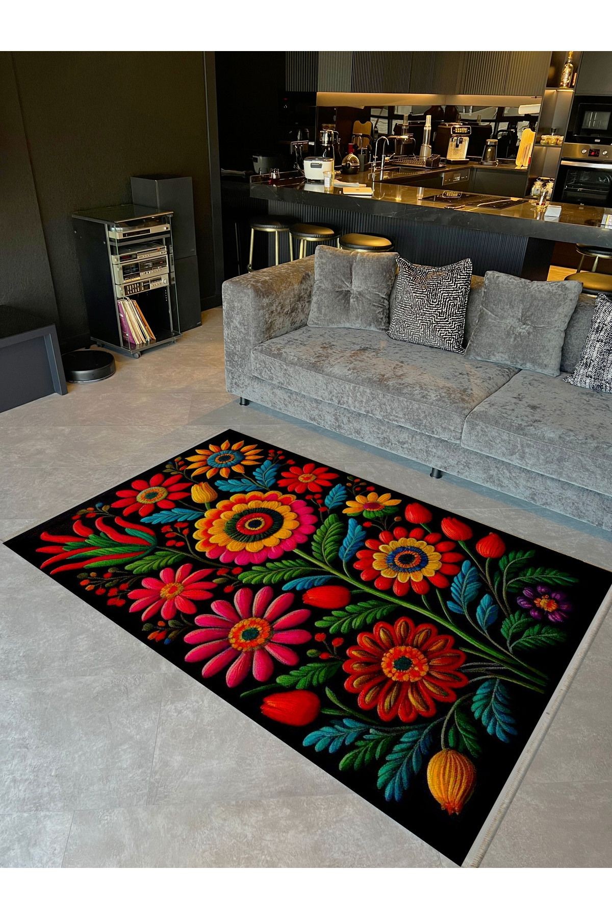 Kemal Koleksiyonu Çok Renkli Floral Çiçek Figürleri Desenli Dokuma Taban Modern Dekoratif Halı 11