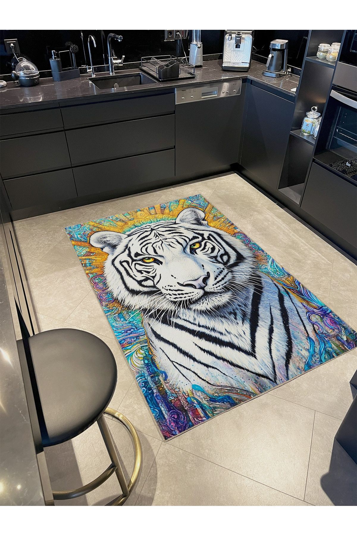 Kemal Koleksiyonu Asil Beyaz Kaplan Desenli Dokuma Taban Modern Dekoratif Halı 51