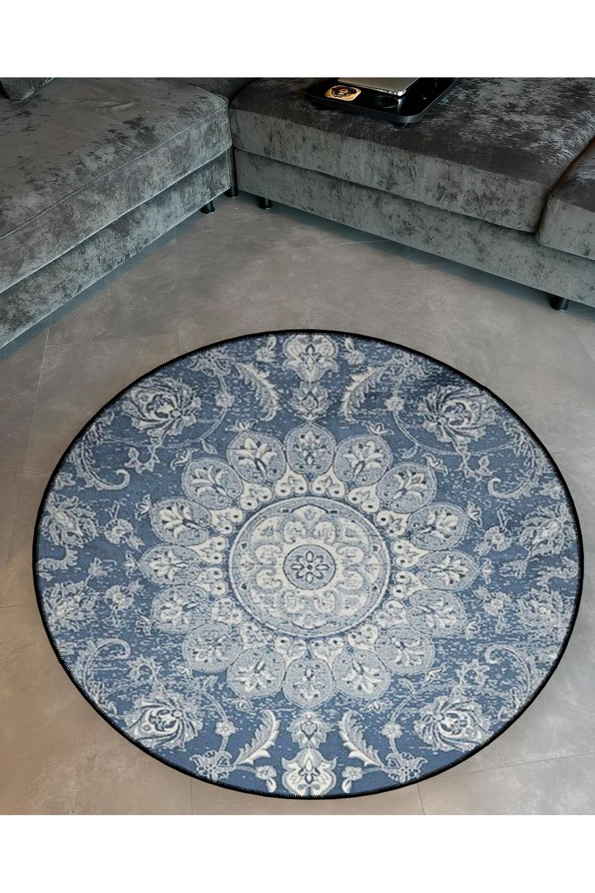 Mavi Temalı Etnik Motifli Geleneksel Desenli Yuvarlak Dokuma Taban Vintage Dekoratif Halı 6124