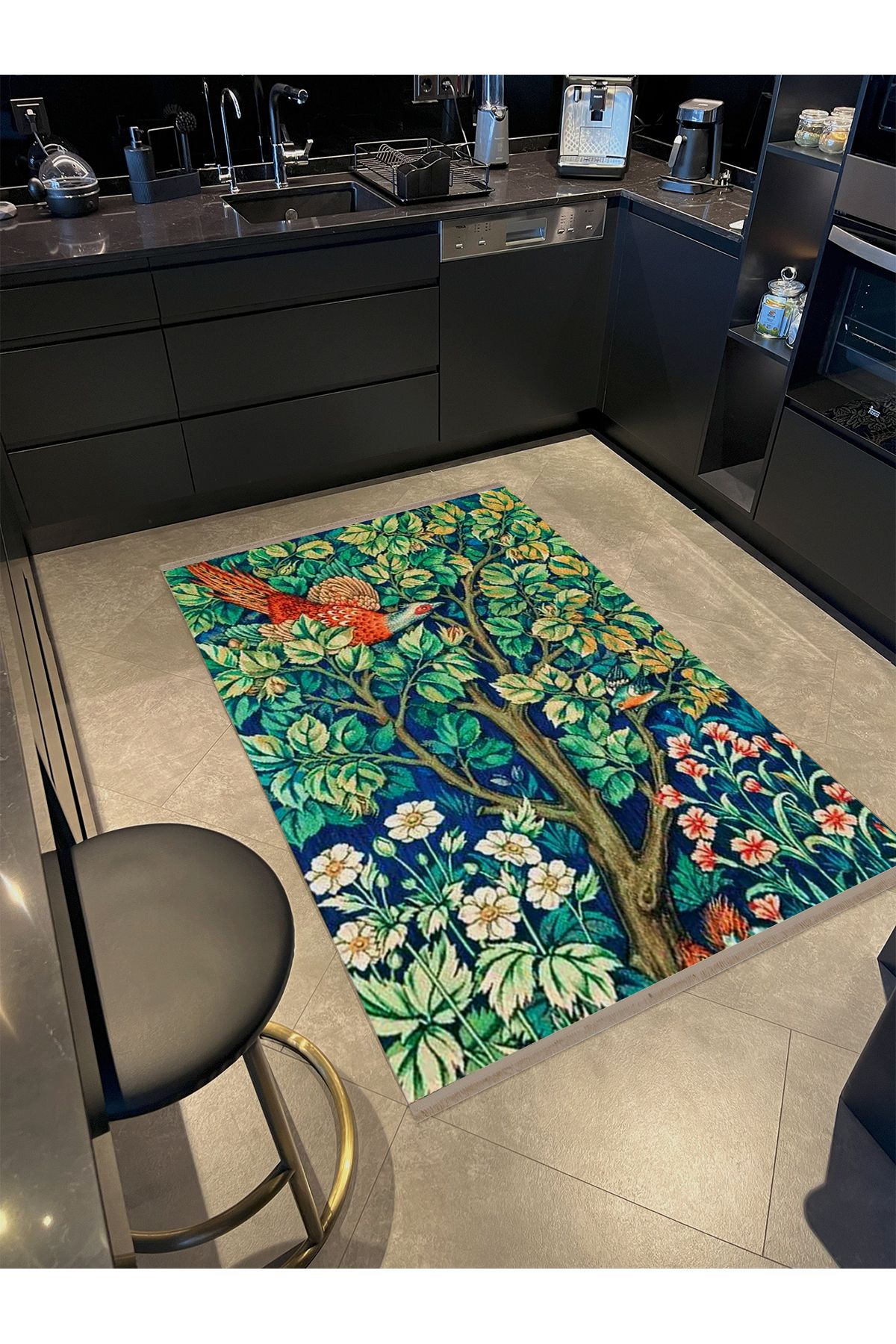 Özge Koleksiyonu Yeşil Doğa Temalı Kuş ve Çiçekler Detaylı Dokuma Taban Modern Dekoratif Halı özge08