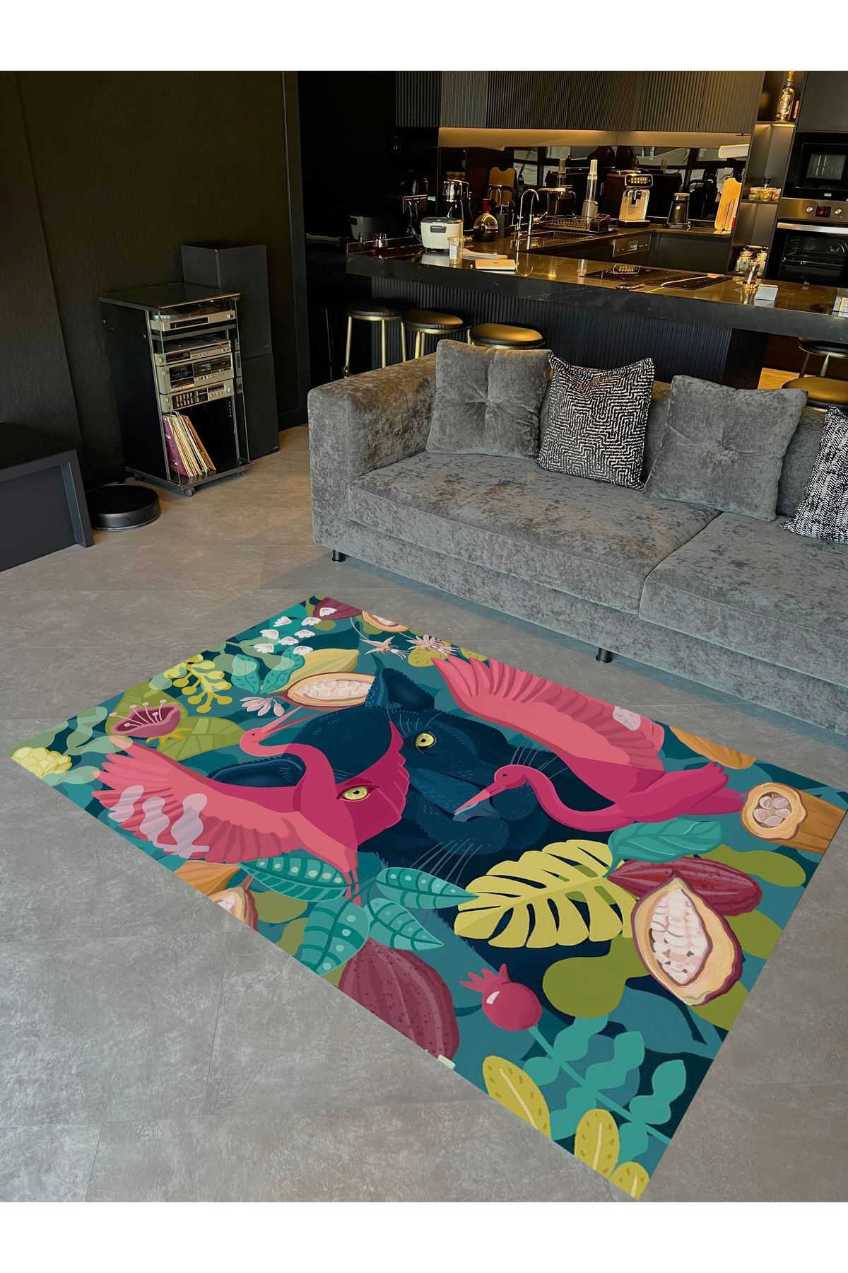 Kubilay Koleksiyonu Çok Renkli Panter ve Çiçekler Desenli Dokuma Taban Modern Dekoratif Halı 35