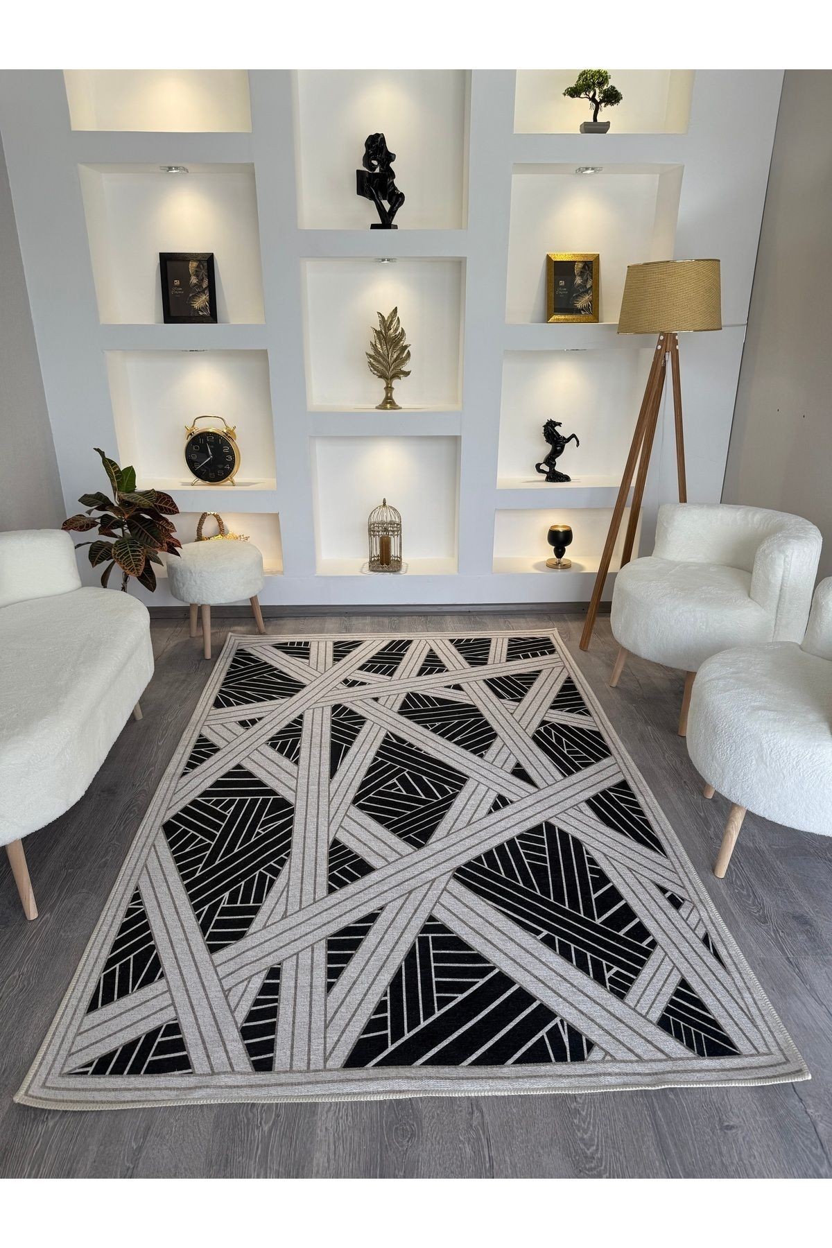Opal Siyah Geometrik Detaylı Dokuma Taban Modern Dekoratif Halı opal05