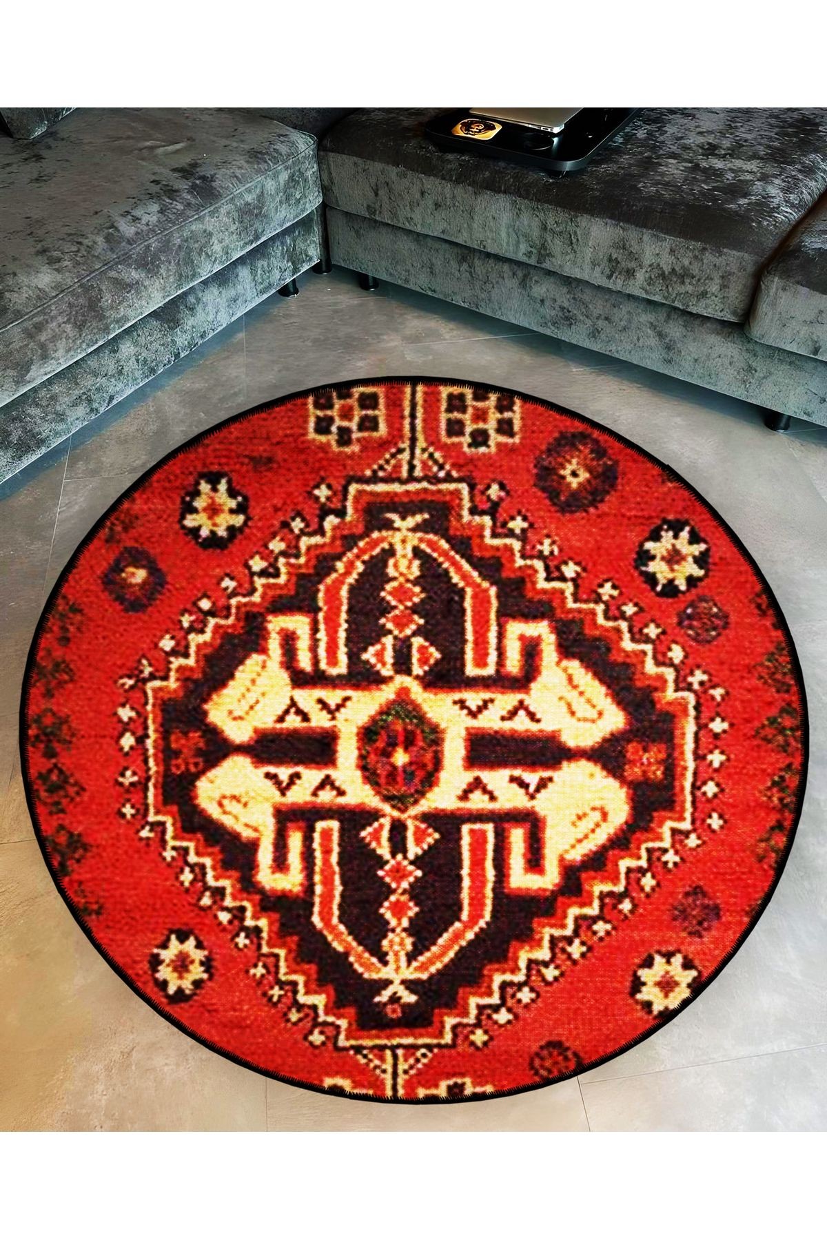 Turuncu Bej Temalı Etnik Motif Geleneksel Desenli Yuvarlak Dokuma Taban Vintage Dekoratif Halı 6219