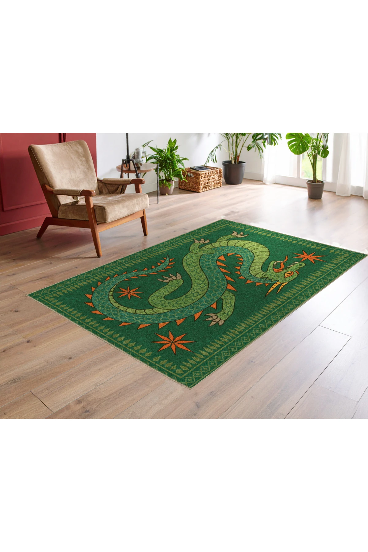 MOSSO Yeşil Temalı Ejderha Figürlü Desenli Dokuma Taban Modern Dekoratif Halı mosso334