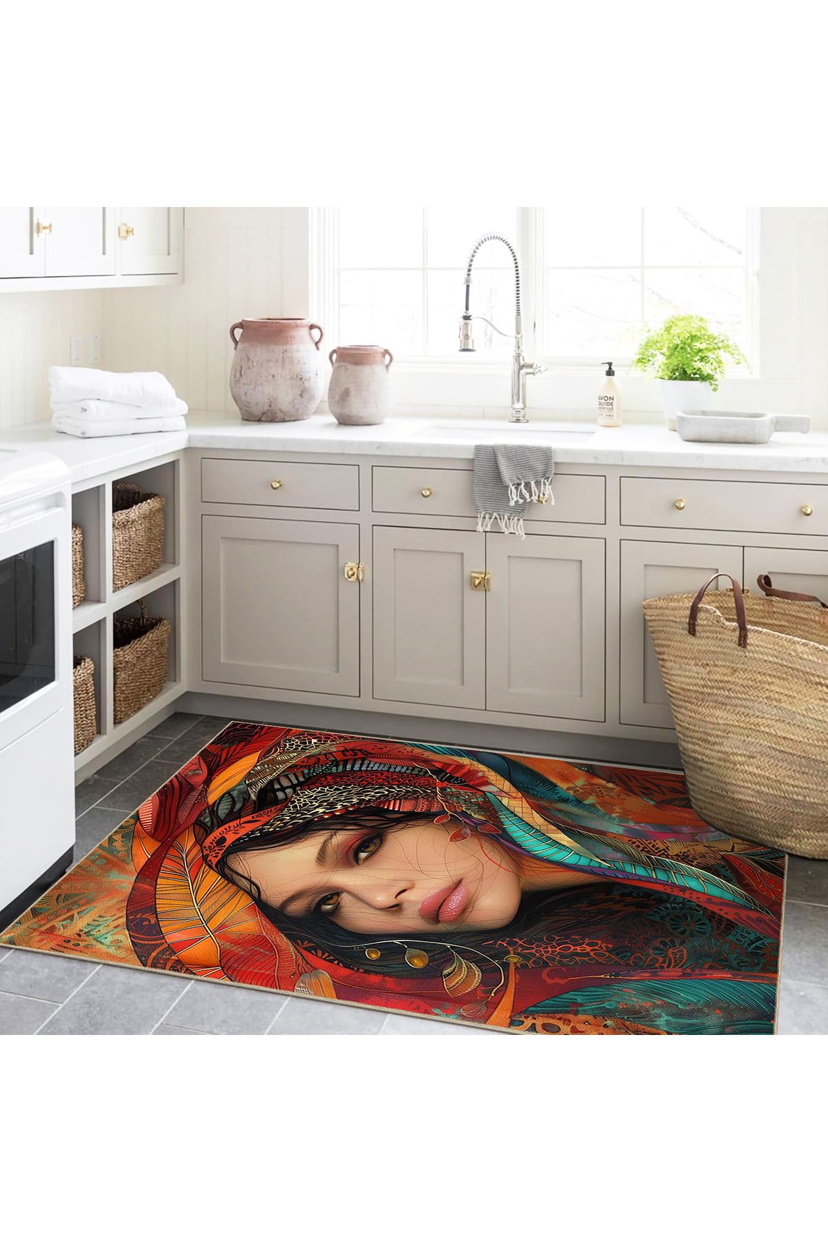 Buse Koleksiyonu Çok Renkli Desenler ve Kadın Yüzü Dokuma Taban Modern Dekoratif Halı buse04