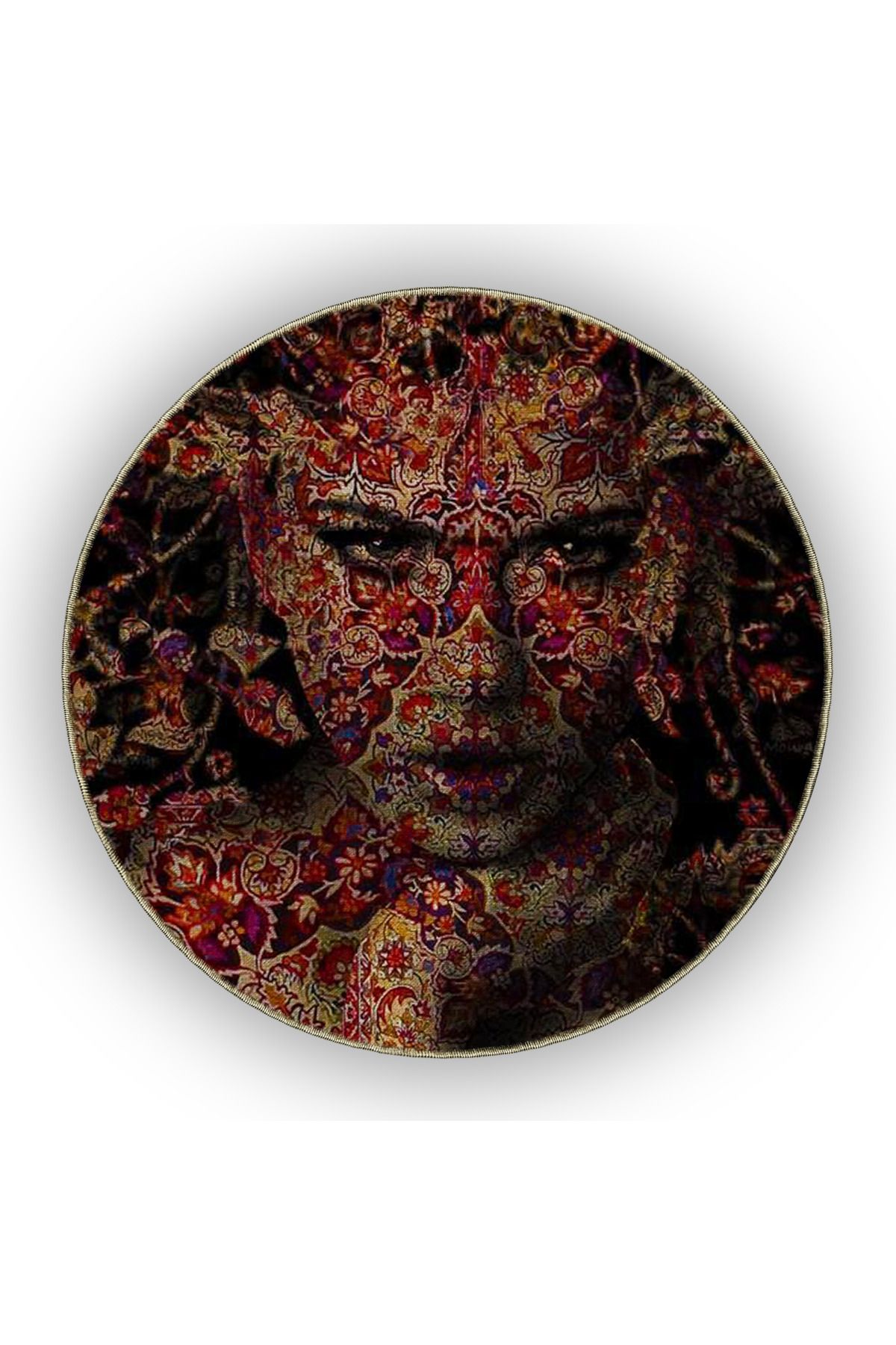 Siyah Bordo Temalı Motifli Etnik Kadın Yüzü Desenli Vintage Dekoratif Halı 4962