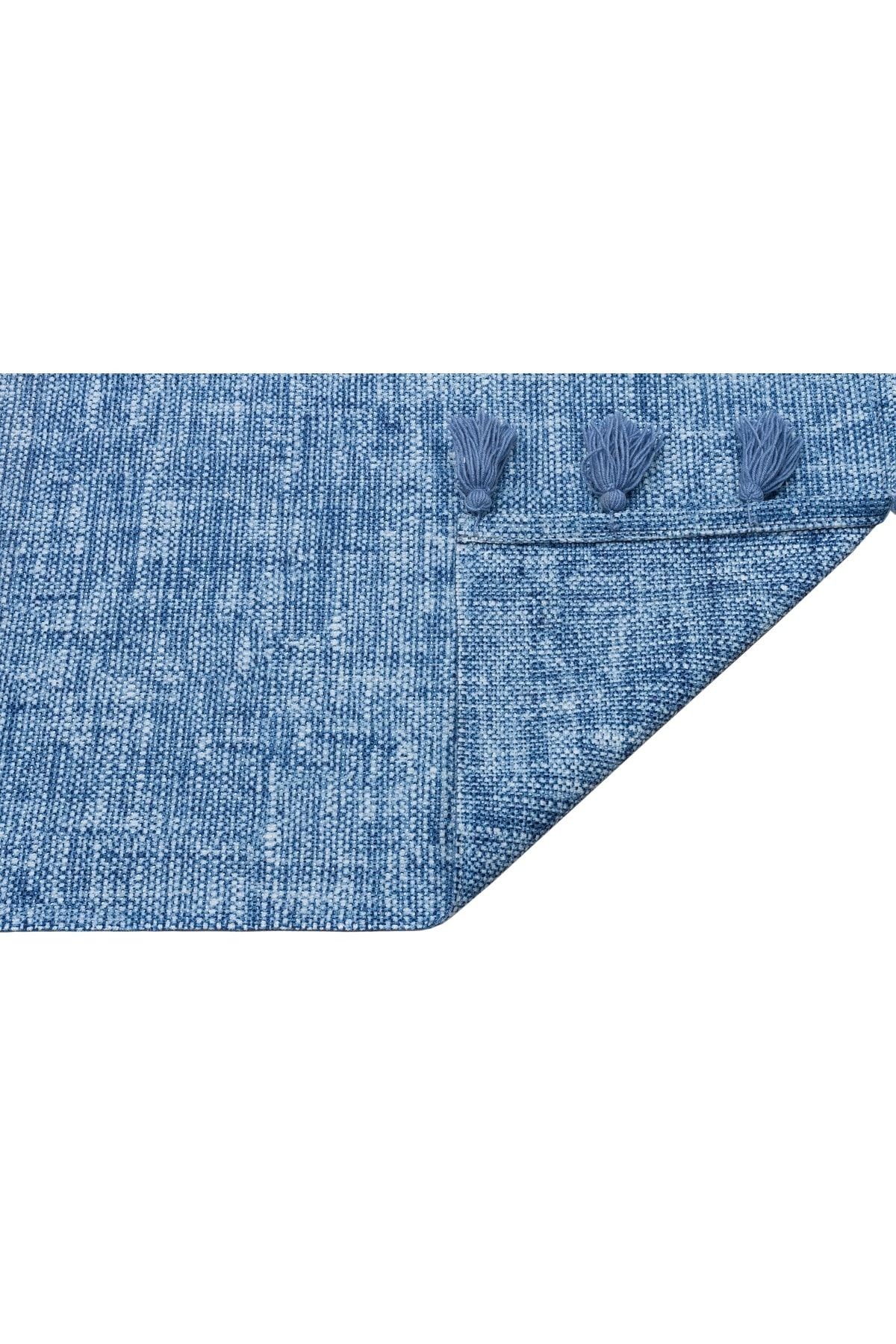 Moroccan 9007 Mavi Renkli Hasır Görünüm Mavi Püsküllü Modern Kilim