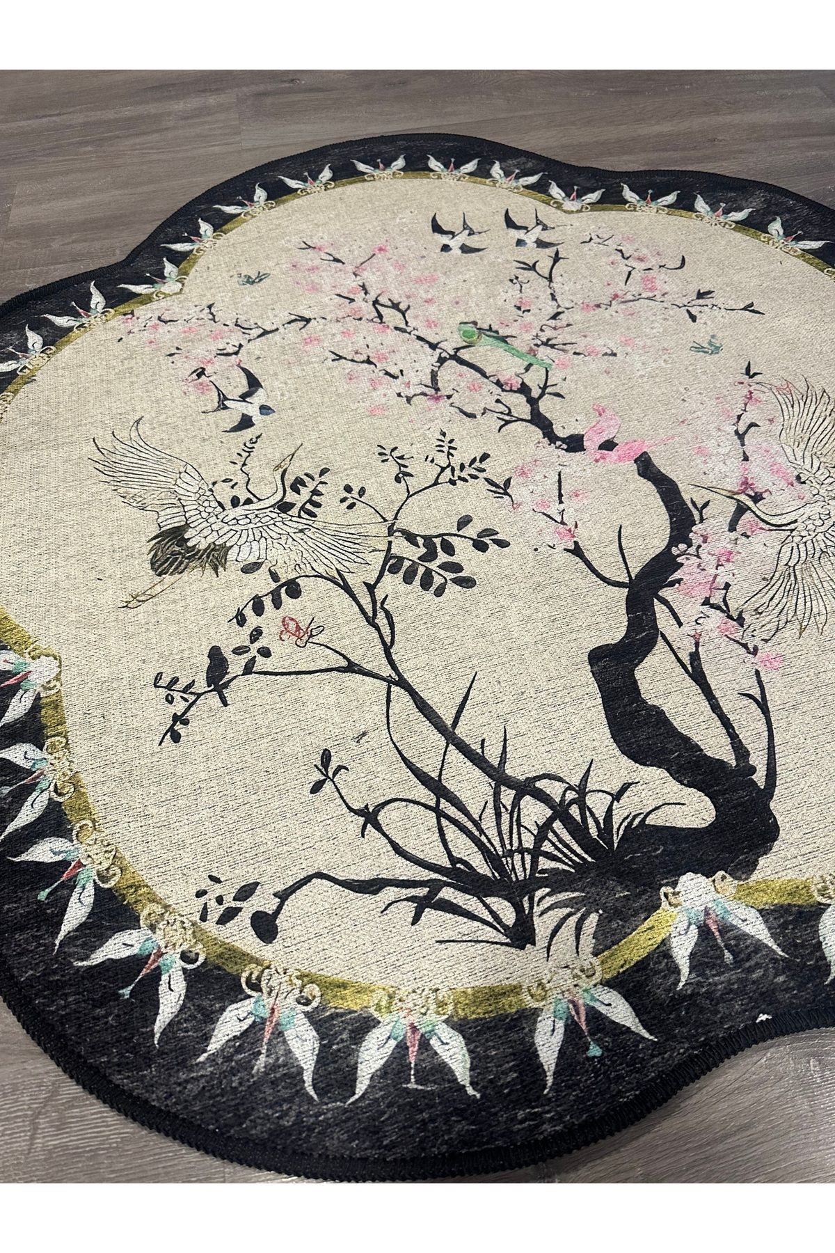 Güneş Koleksiyonu Sakura Çiçeği Desenli Yuvarlak Dokuma Taban Modern Dekoratif Halı günes32