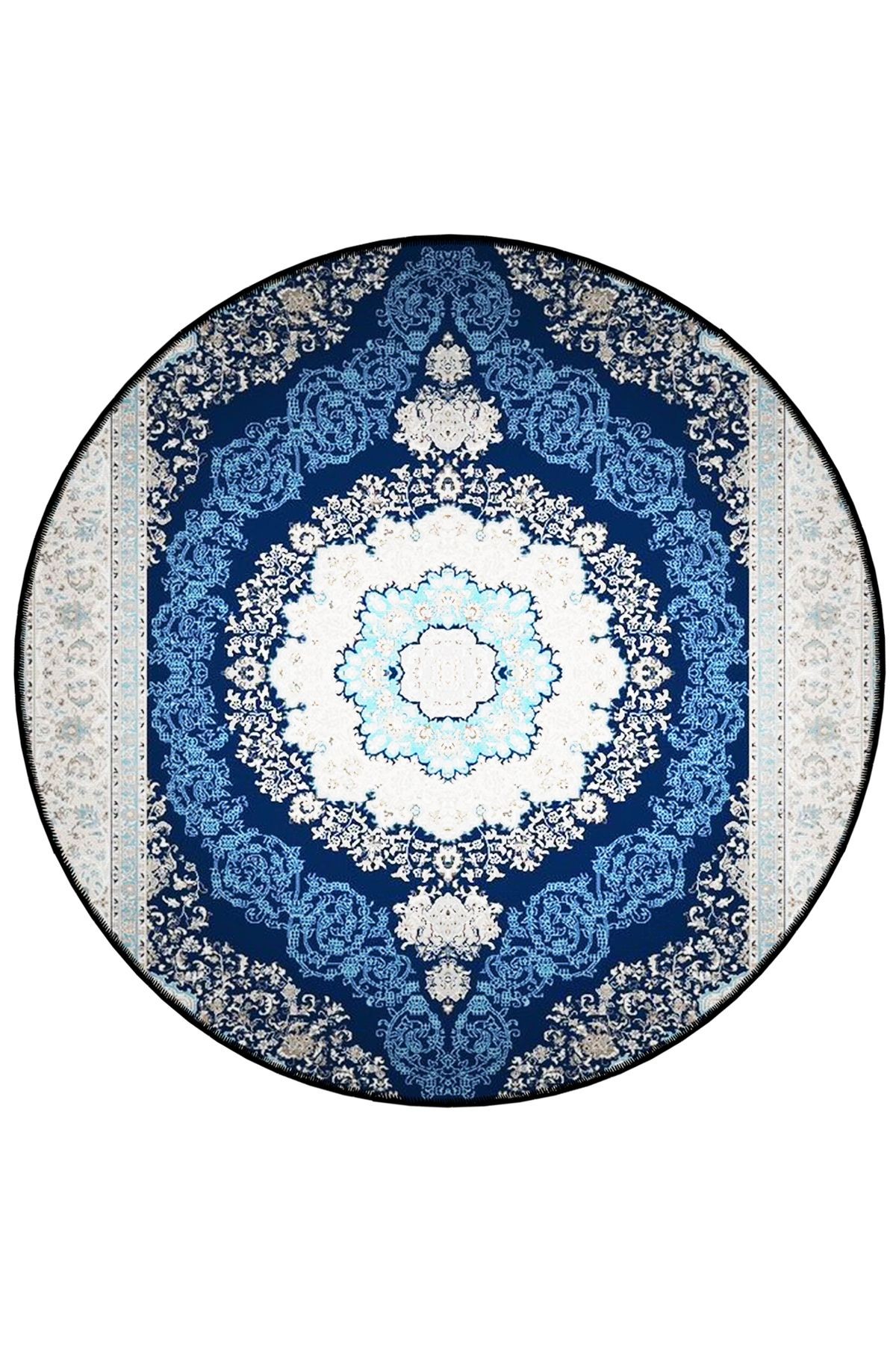 Mira Yuvarlak Lacivert Mavi Beyaz Etnik Desen Detaylı Dokuma Taban Modern Dekoratif Halı 5789