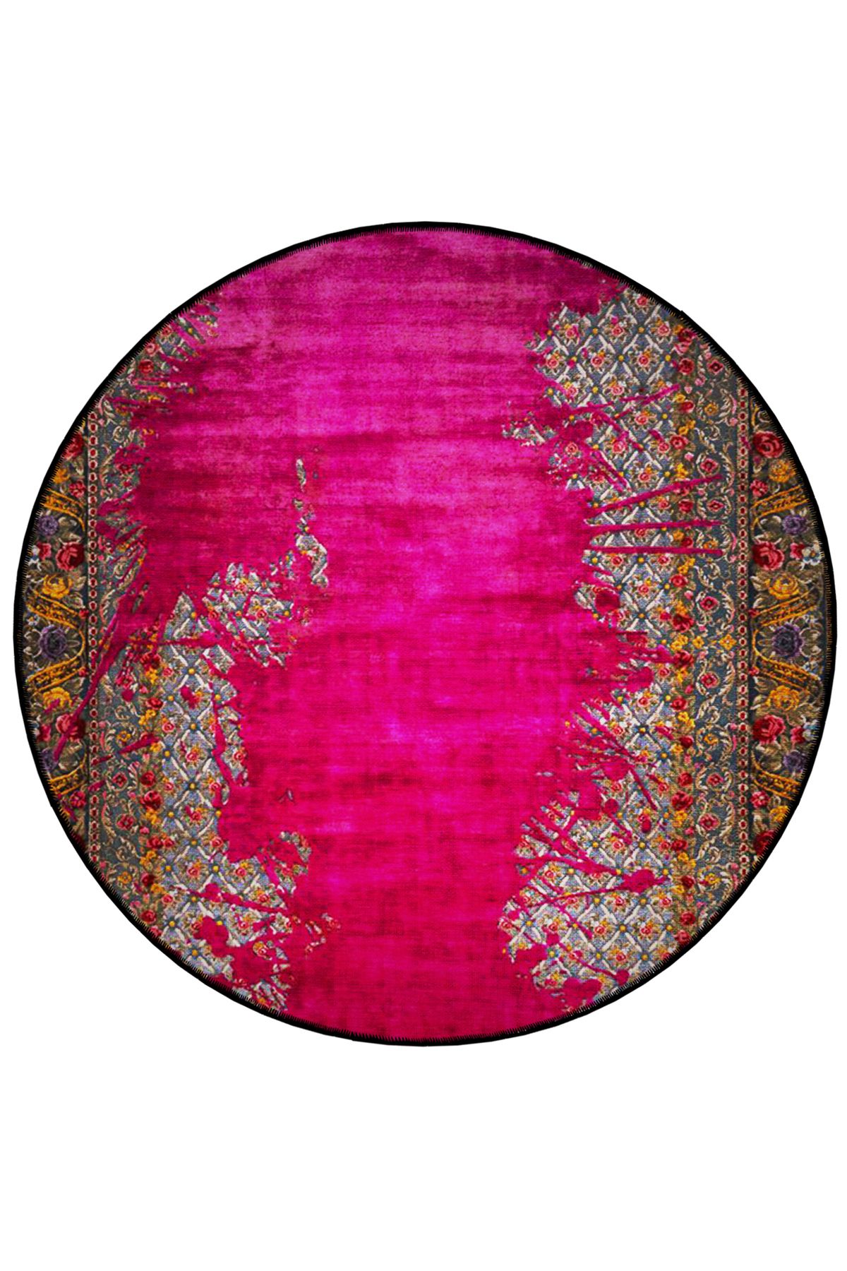 Mira Yuvarlak Antik Zeminde Pembe Karışık Çizgiler Detaylı Dokuma Taban Modern Dekoratif Halı 5700