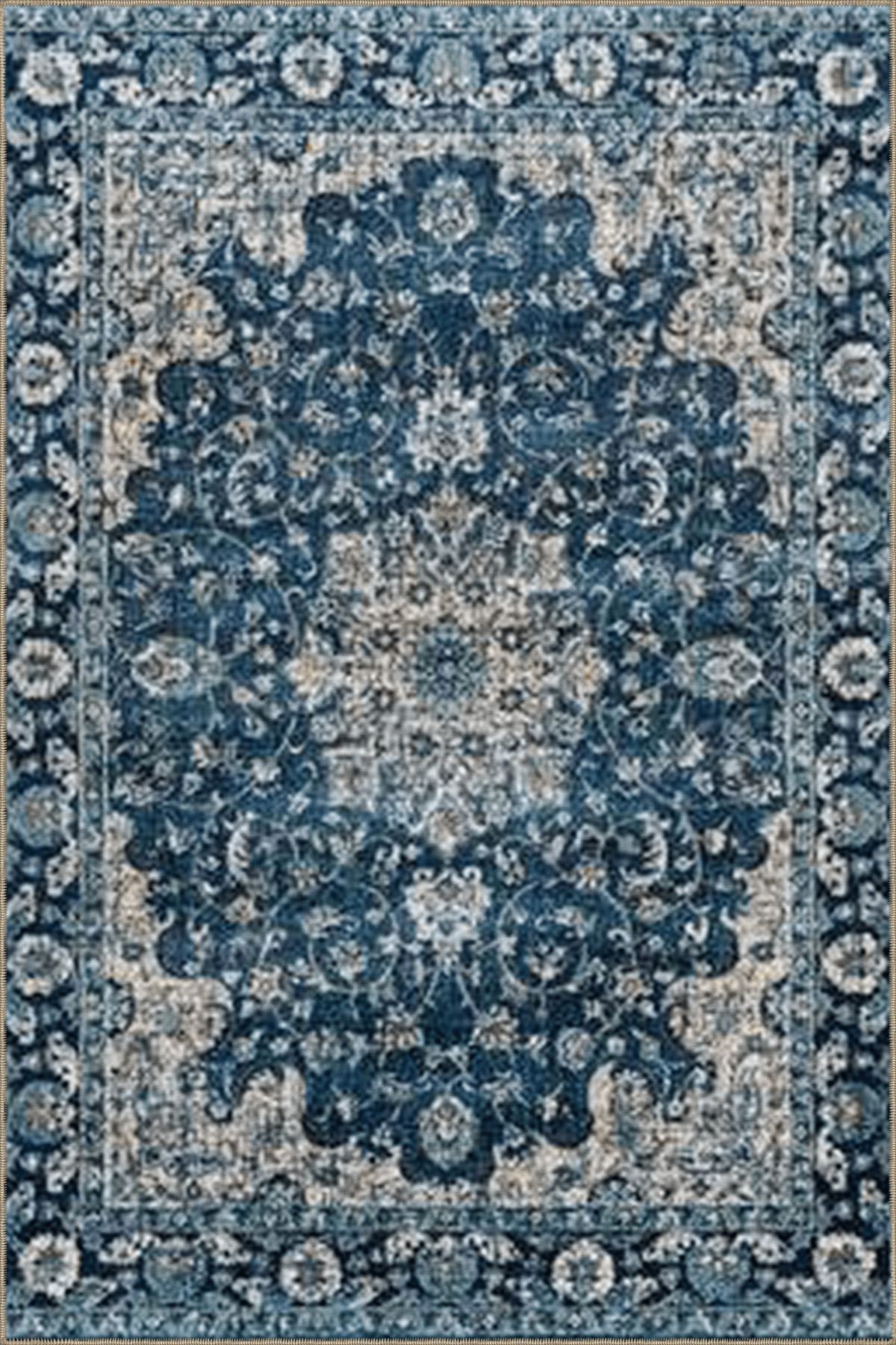 Lacivert Mavi Temalı Geleneksel Motif Çiçek Desenli Vintage Dekoratif Halı 4550