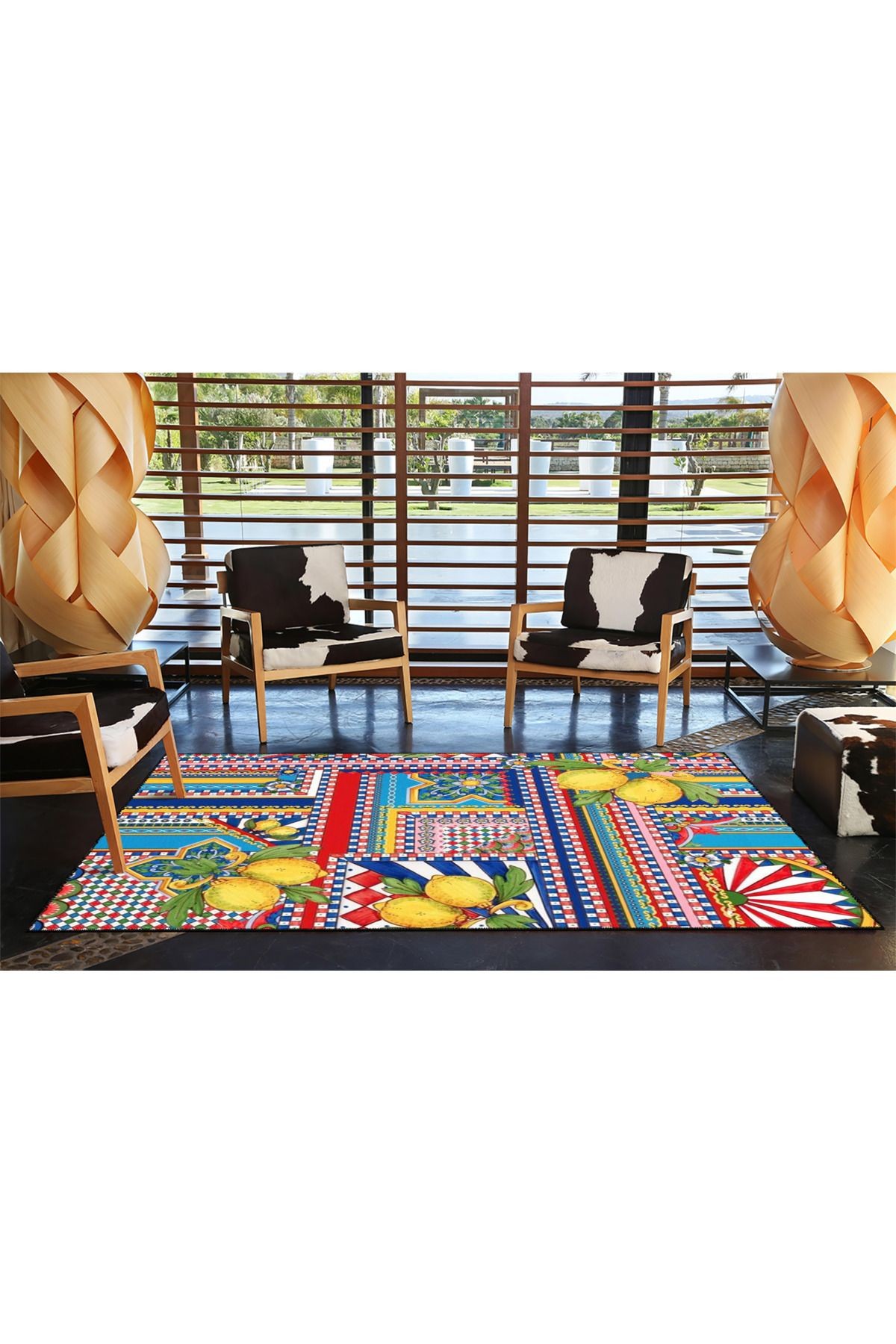 Limon Desenli Karışık Renkli Çiçekli Floral Geometrik Modern Dekoratif Halı miravip222