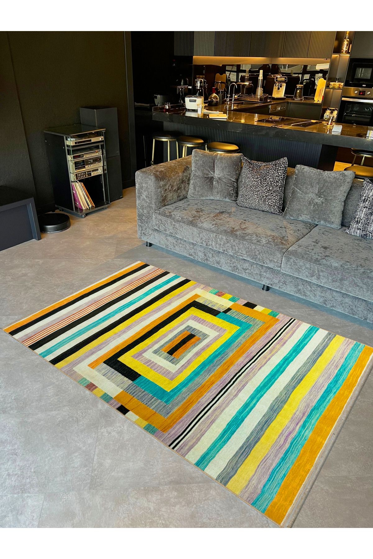 Emre Koleksiyonu Renkli Çizgili Geometrik Patchwork Desenli Dokuma Taban Modern Dekoratif Halı 30