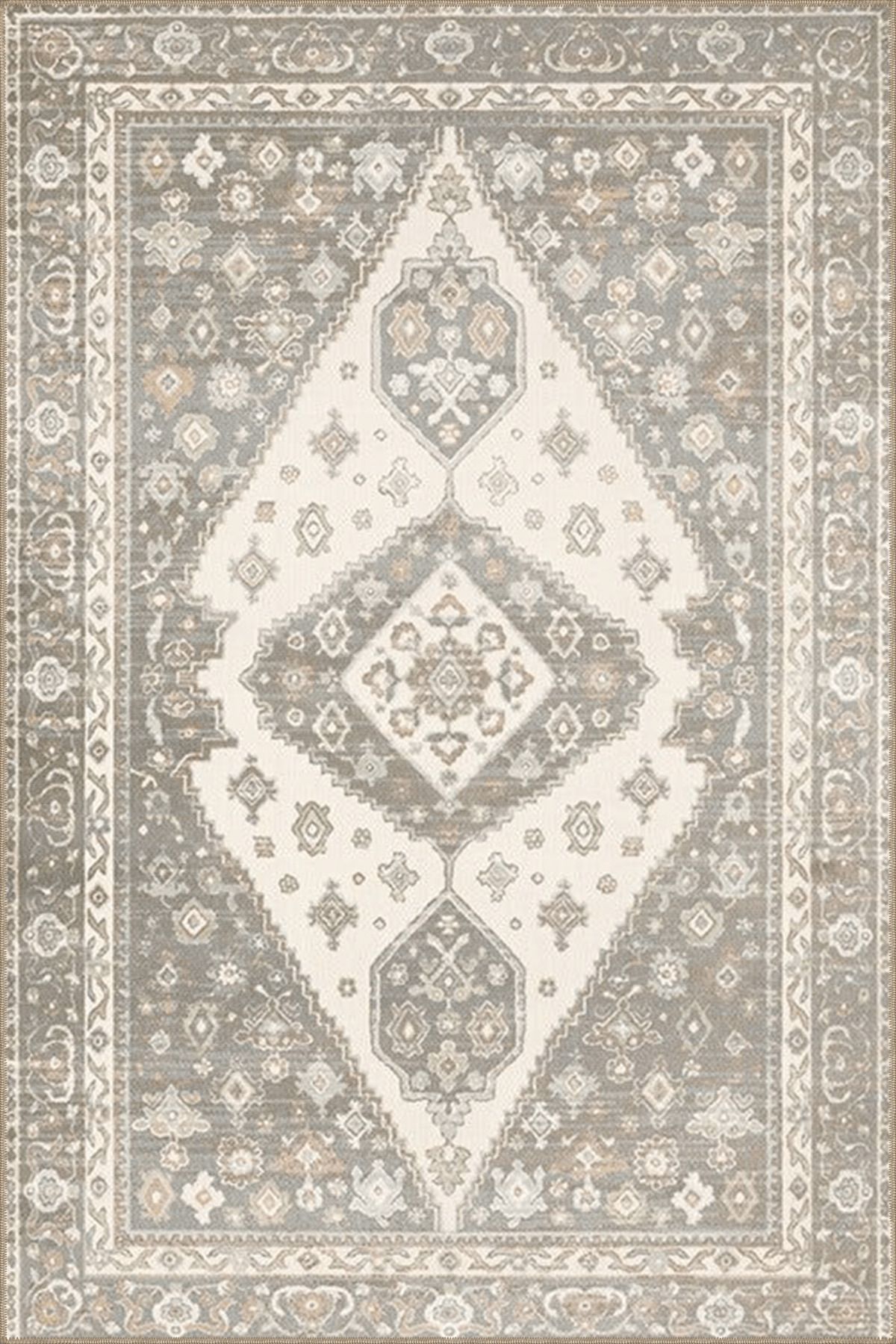 Gri Bej Temalı Geleneksel Motif Desenli Saçaklı Vintage Dekoratif Halı 4596