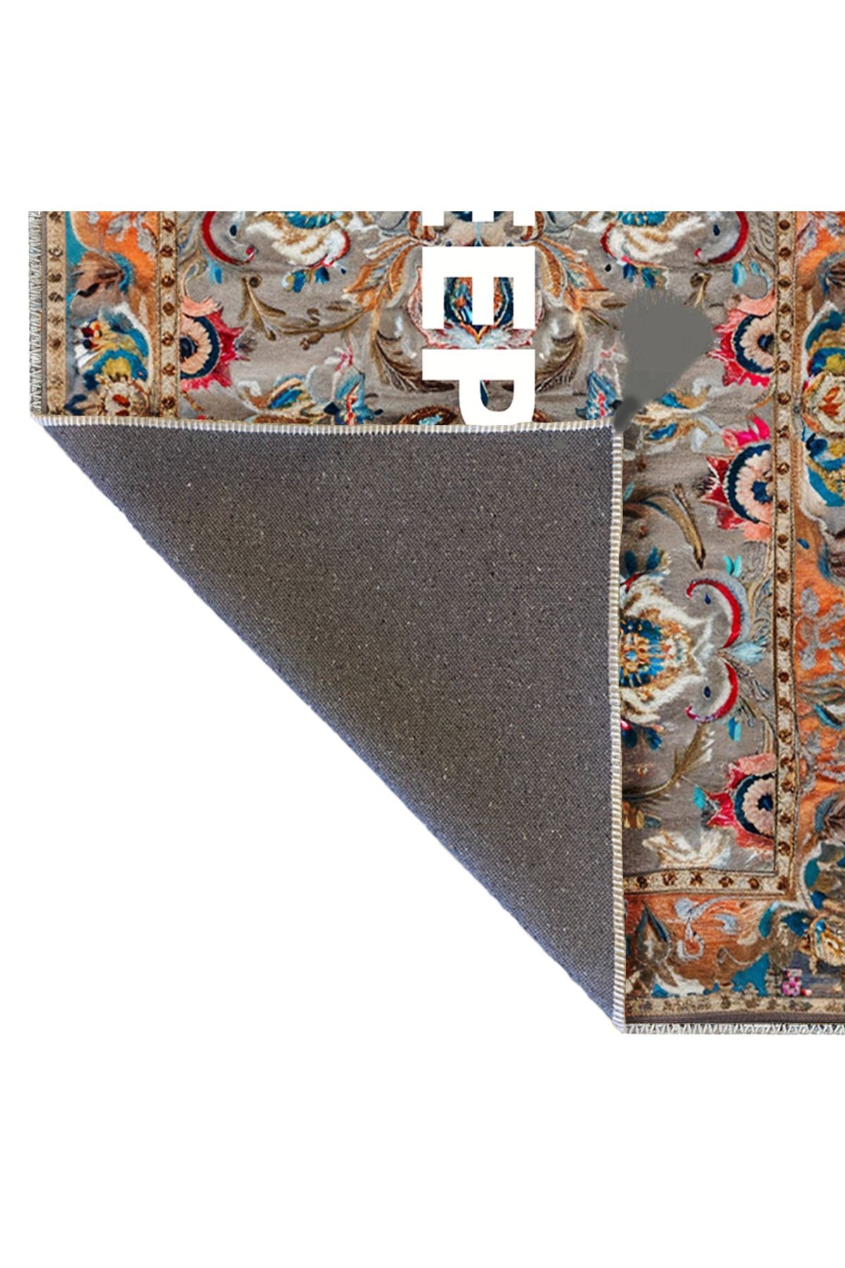 Tokyo Koleksiyonu Gri Temalı Keep Off Yazılı Floral Desenli Dokuma Taban Vintage Dekoratif Halı 23