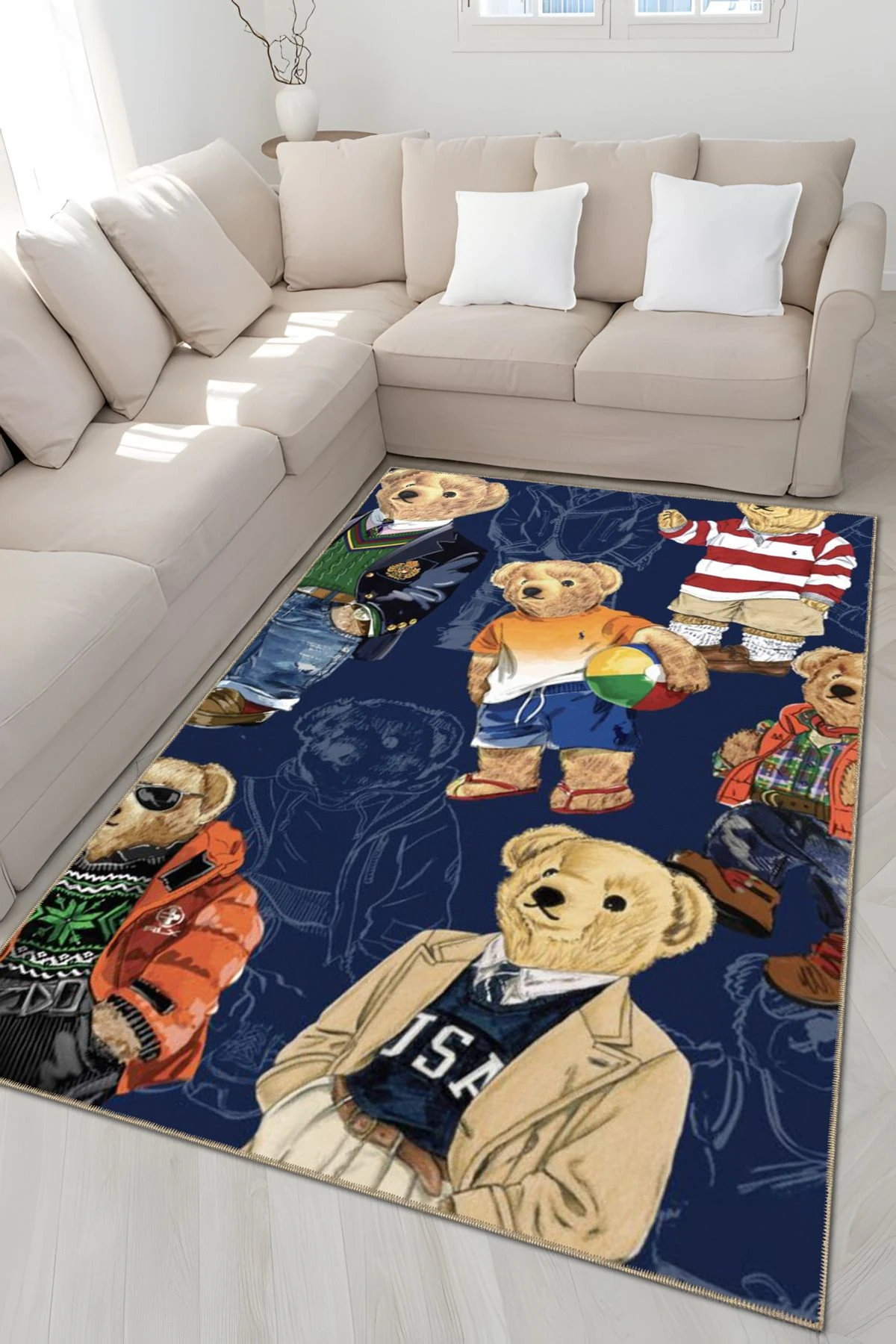 Lacivert Temalı Teddy Bear Ayıcık Desenli Modern Dekoratif Halı 4941