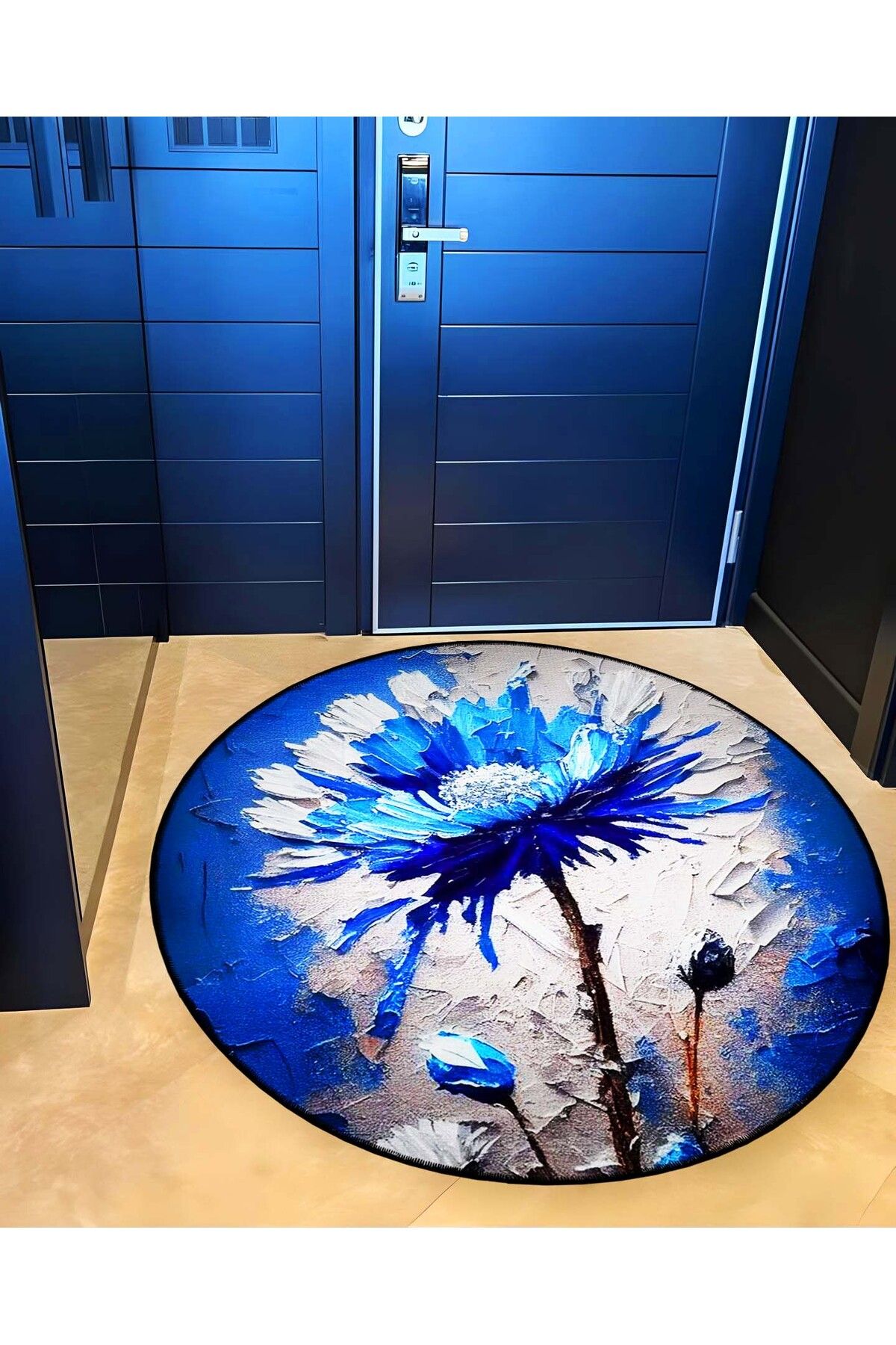 Mira Yuvarlak Mavi Beyaz Yağlı Boya Görünümlü Dokuma Taban Modern Dekoratif Halı mirayuvarlak5827