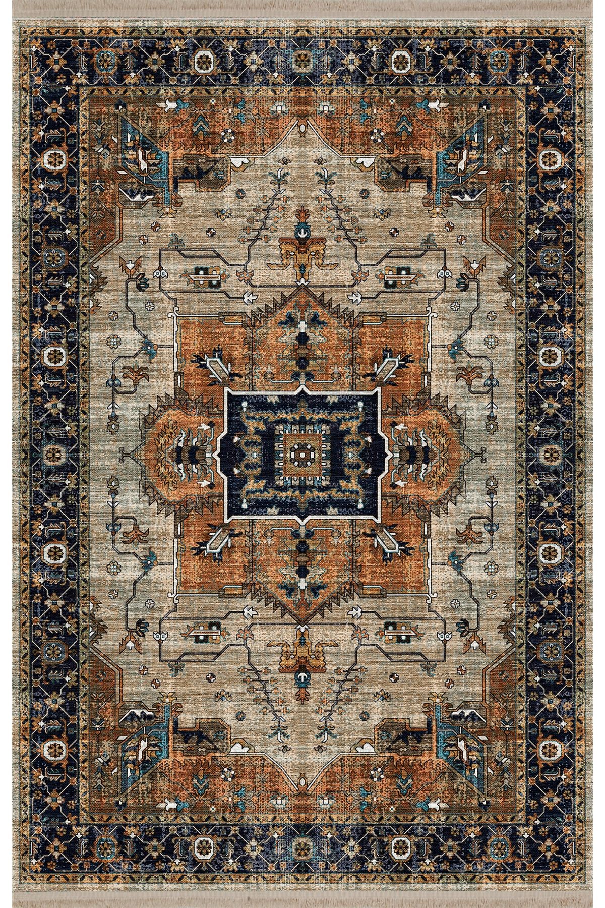 Mira Turuncu Bej Temalı Çok Renkli Geleneksel Motif Etnik Desenli Vintage Dekoratif Halı Mira 1588