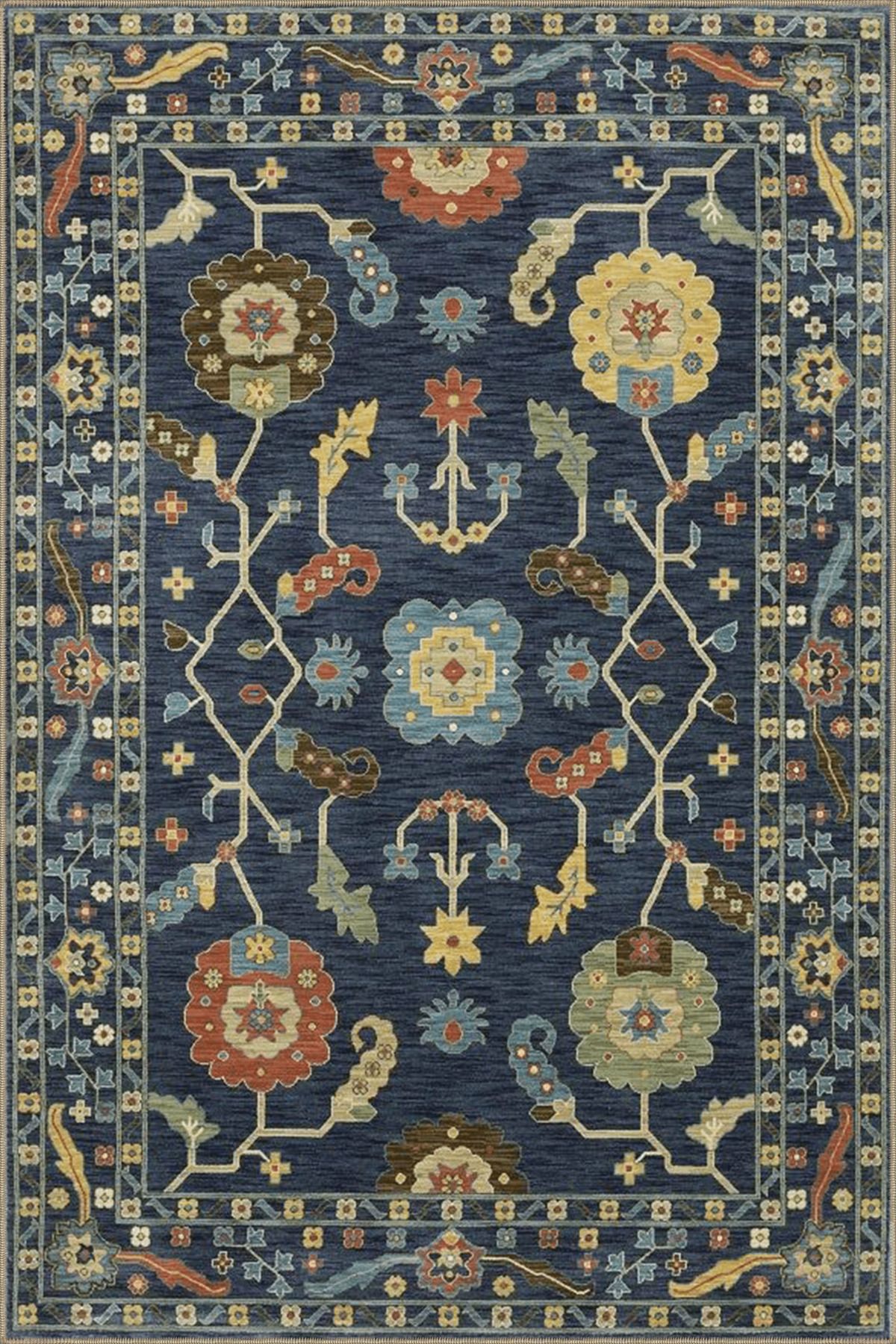 Lacivert Temalı Çok Renkli Motifli Etnik Çiçek Desenli Vintage Dekoratif Halı 3888