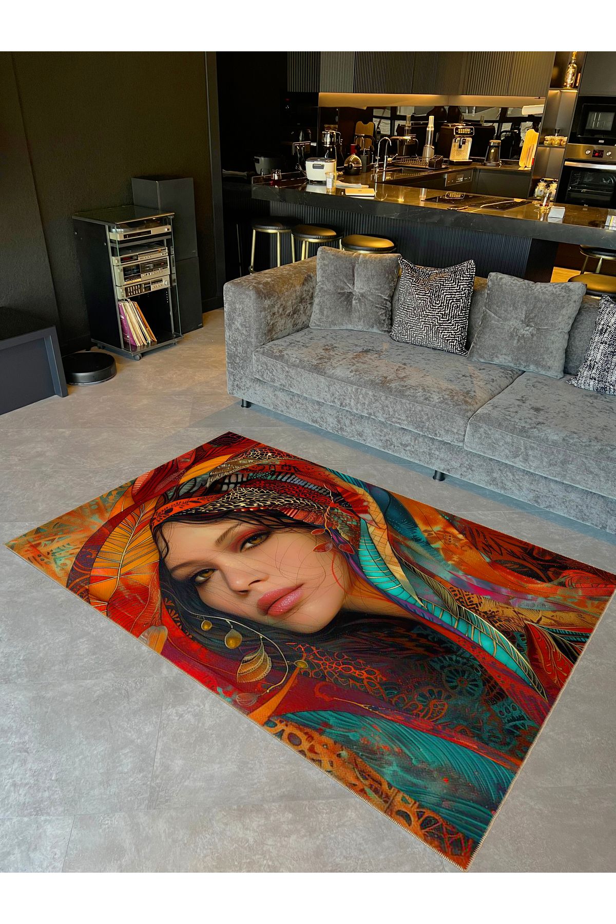 Buse Koleksiyonu Çok Renkli Desenler ve Kadın Yüzü Dokuma Taban Modern Dekoratif Halı buse04